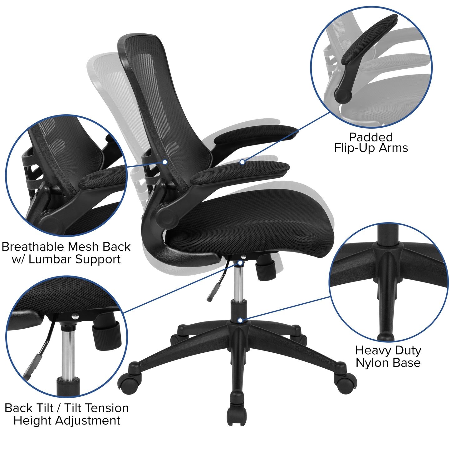 Ergonomic Mid-Back Mesh Swivel Office Chair with Flip-Up Arms