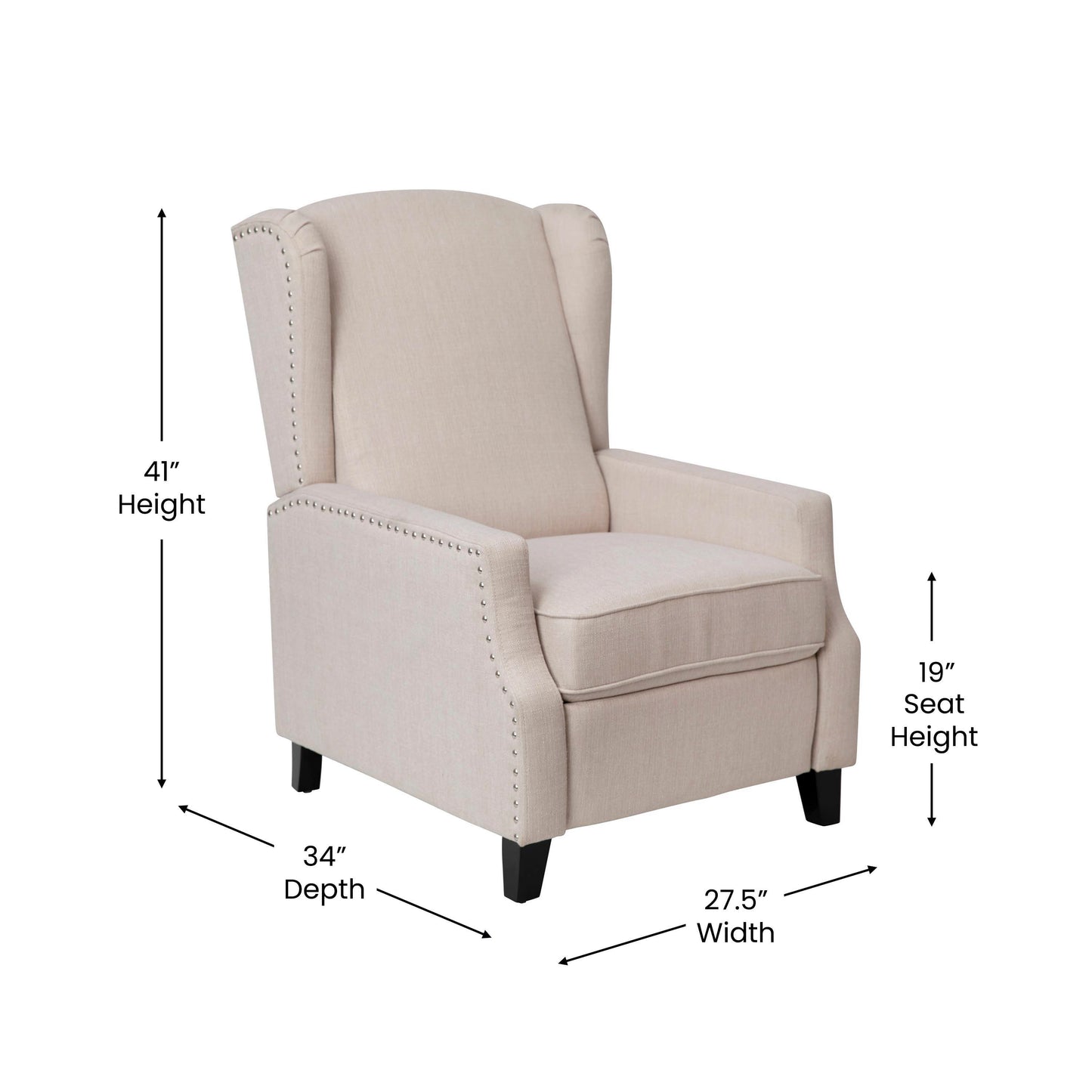 Traditional Slim Wingback Push Back Recliner Chair with Fabric Upholstery and Accent Nail Trim