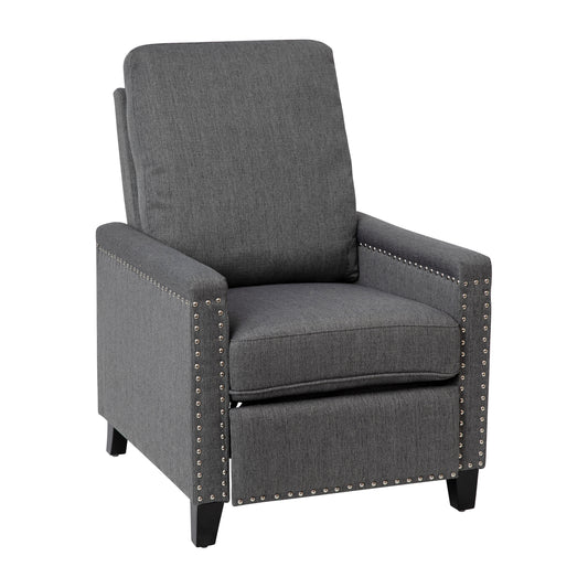 Transitional Style Push Back Recliner Chair with Pillow Back, Fabric Upholstery, and Accent Nail Trim