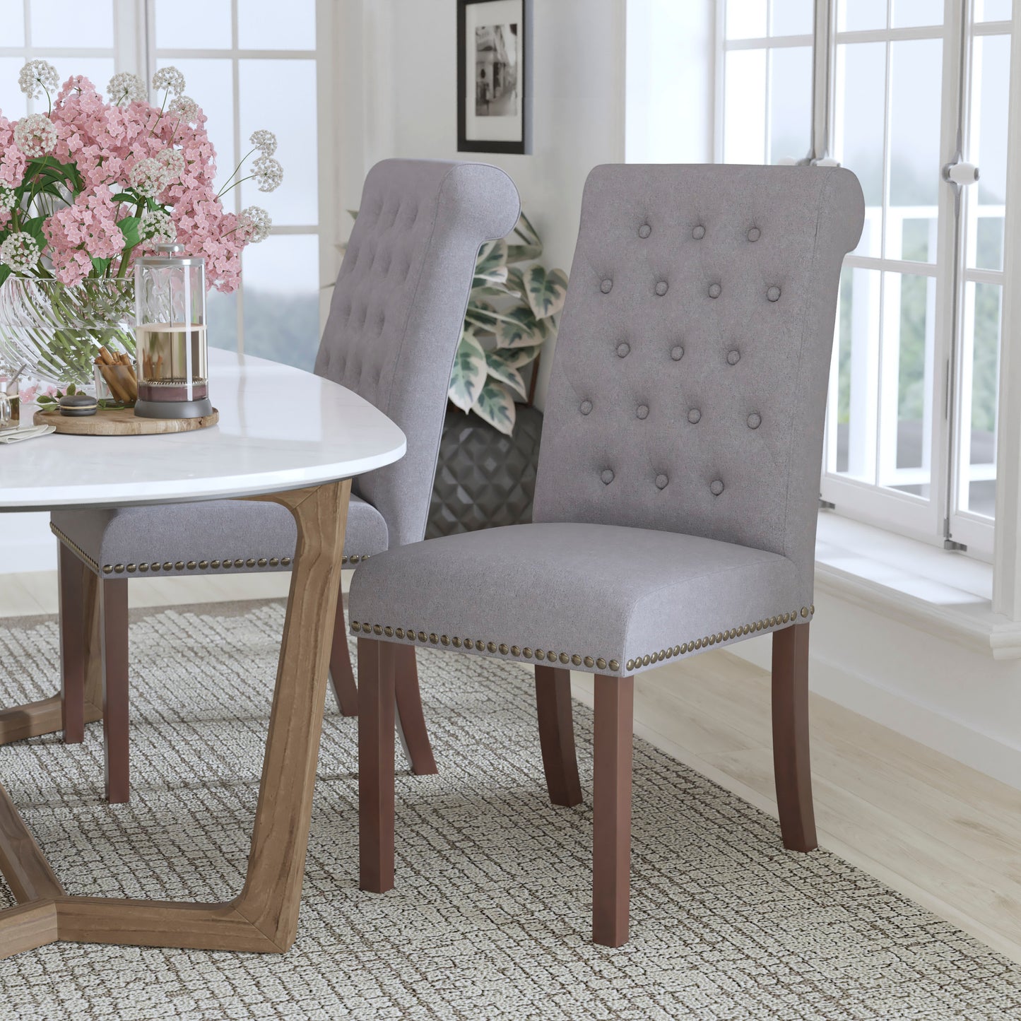 Parsons Chair with Rolled Back, Nailhead Trim, and Walnut Wood Finish