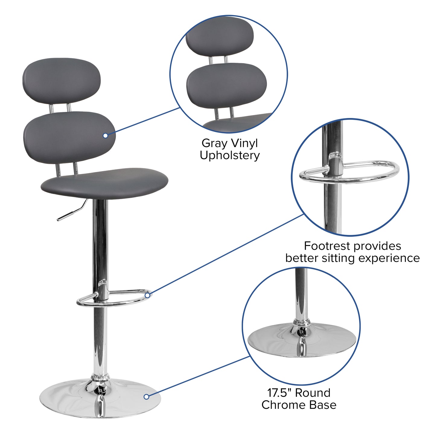 Adjustable Height Barstool with Ellipse Back and Chrome Base