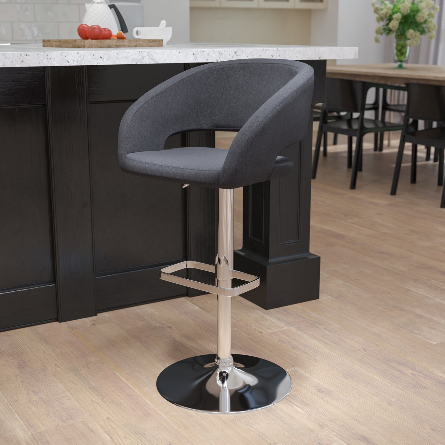 Fabric Contemporary Adjustable Height Barstool with Rounded Mid-Back