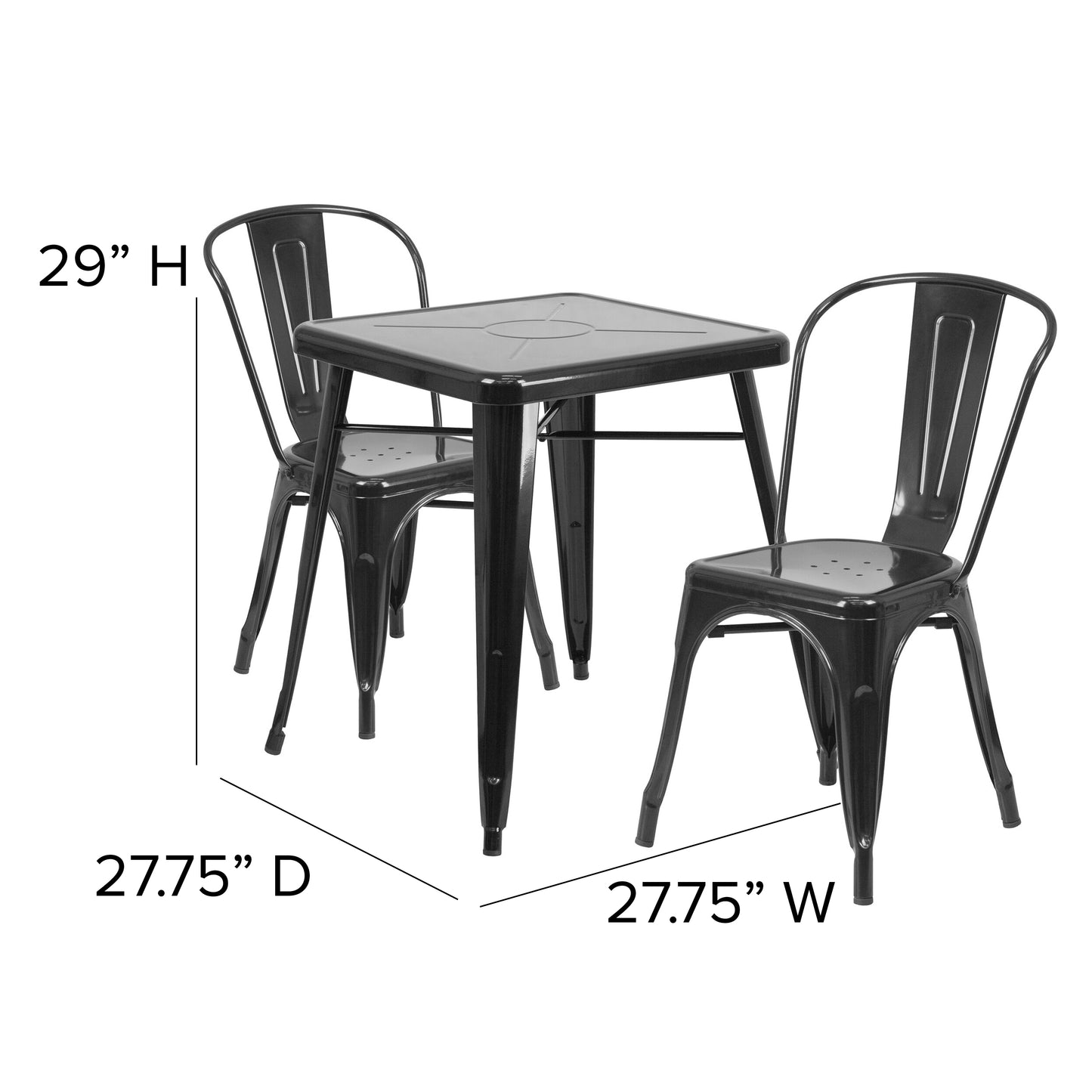 Commercial Grade 23.75" Square Metal Indoor-Outdoor Table Set with 2 Stack Chairs