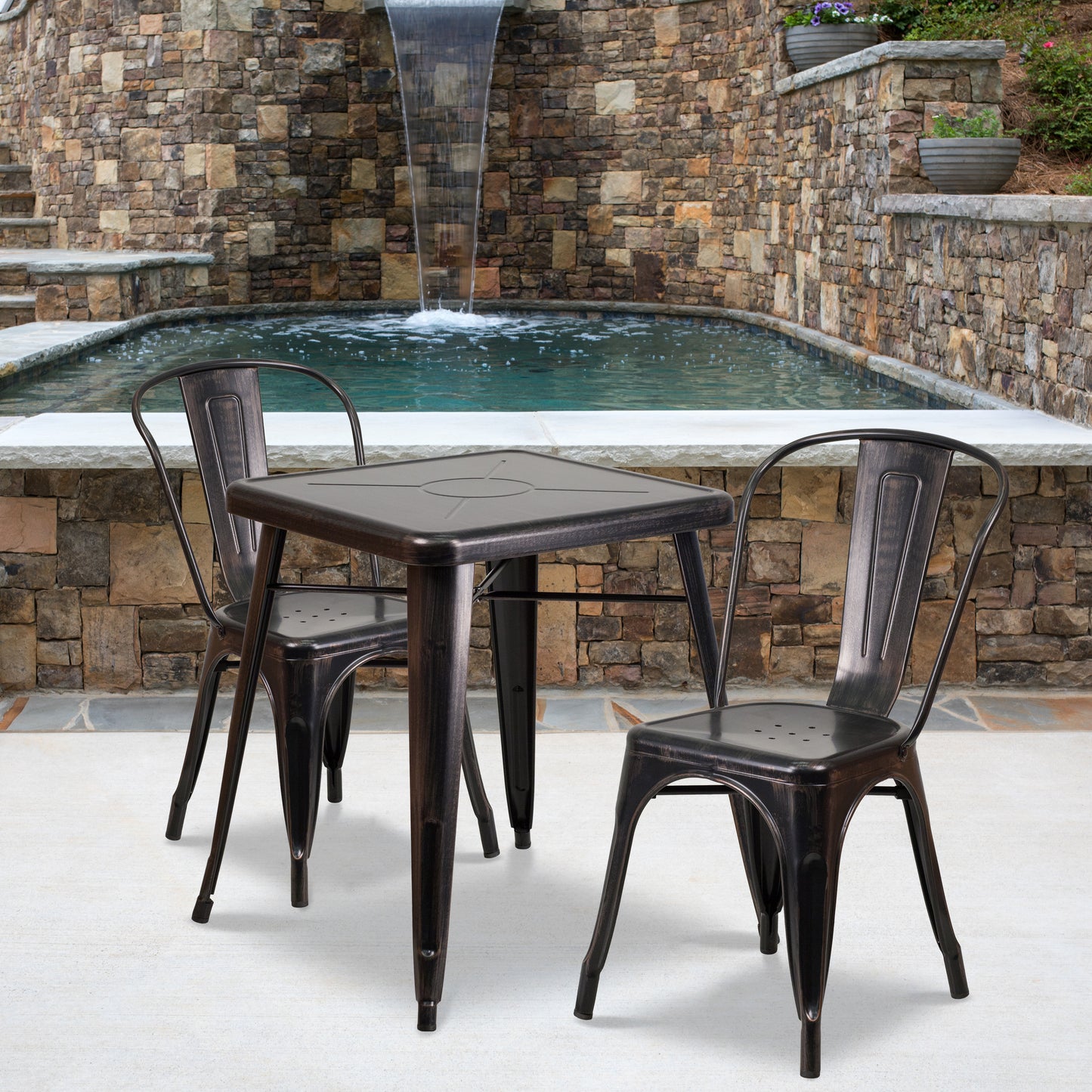 Commercial Grade 23.75" Square Metal Indoor-Outdoor Table Set with 2 Stack Chairs