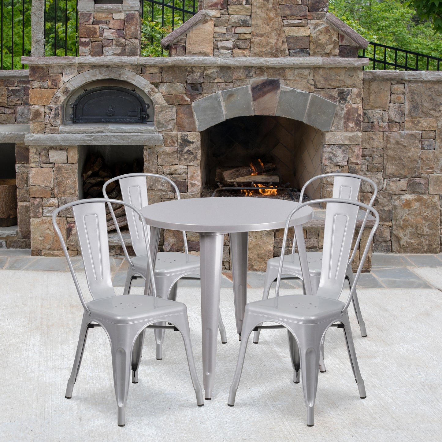 Commercial Grade 30" Round Metal Indoor-Outdoor Table Set with 4 Cafe Chairs