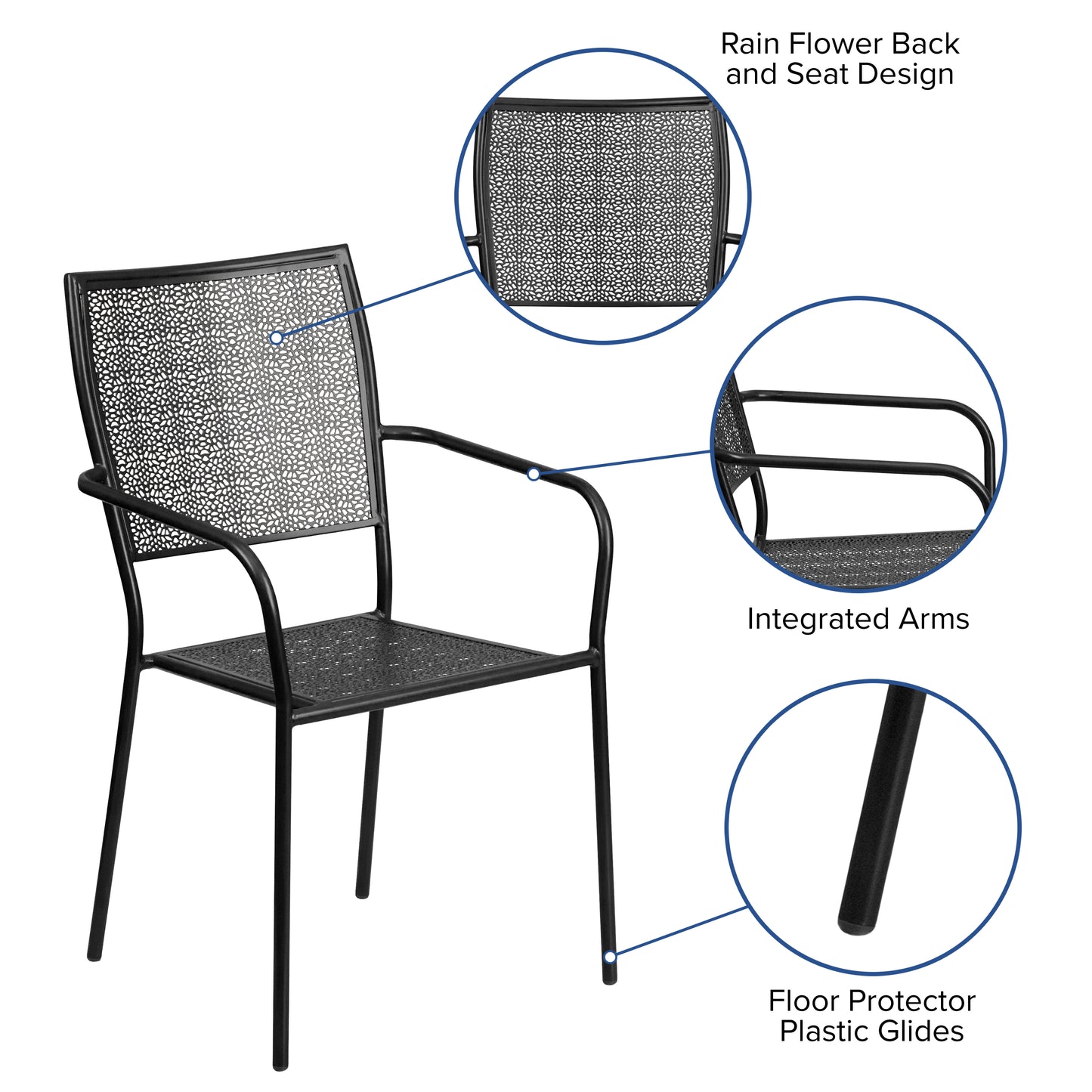 Commercial Grade Indoor-Outdoor Steel Patio Arm Chair with Square Back