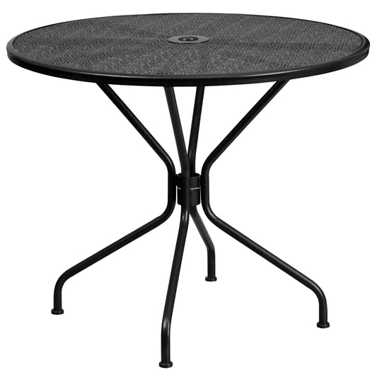 Commercial Grade 35.25" Round Indoor-Outdoor Steel Patio Table with Umbrella Hole