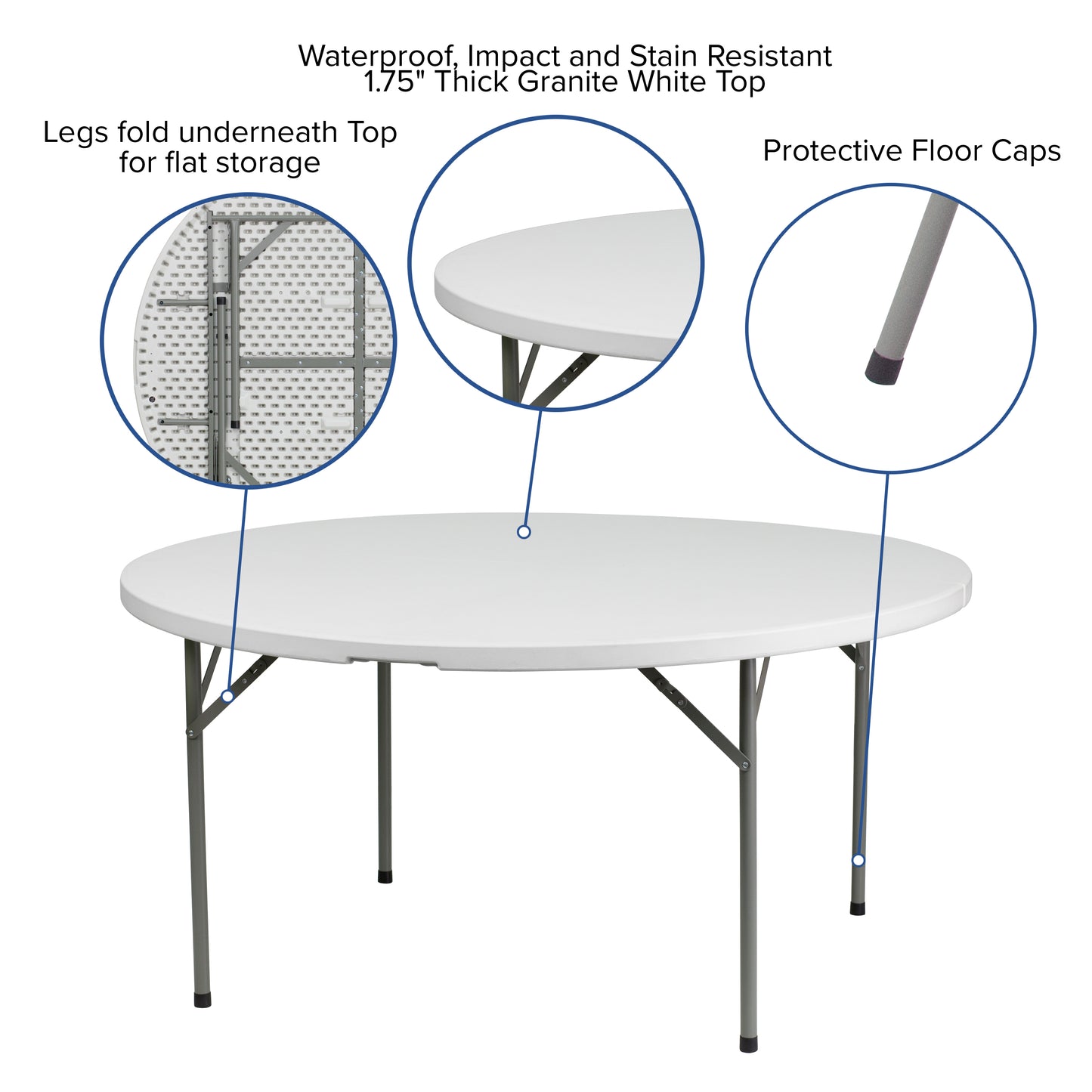 5-Foot Round Granite White Plastic Folding Table - Weight Capacity 550 lbs.