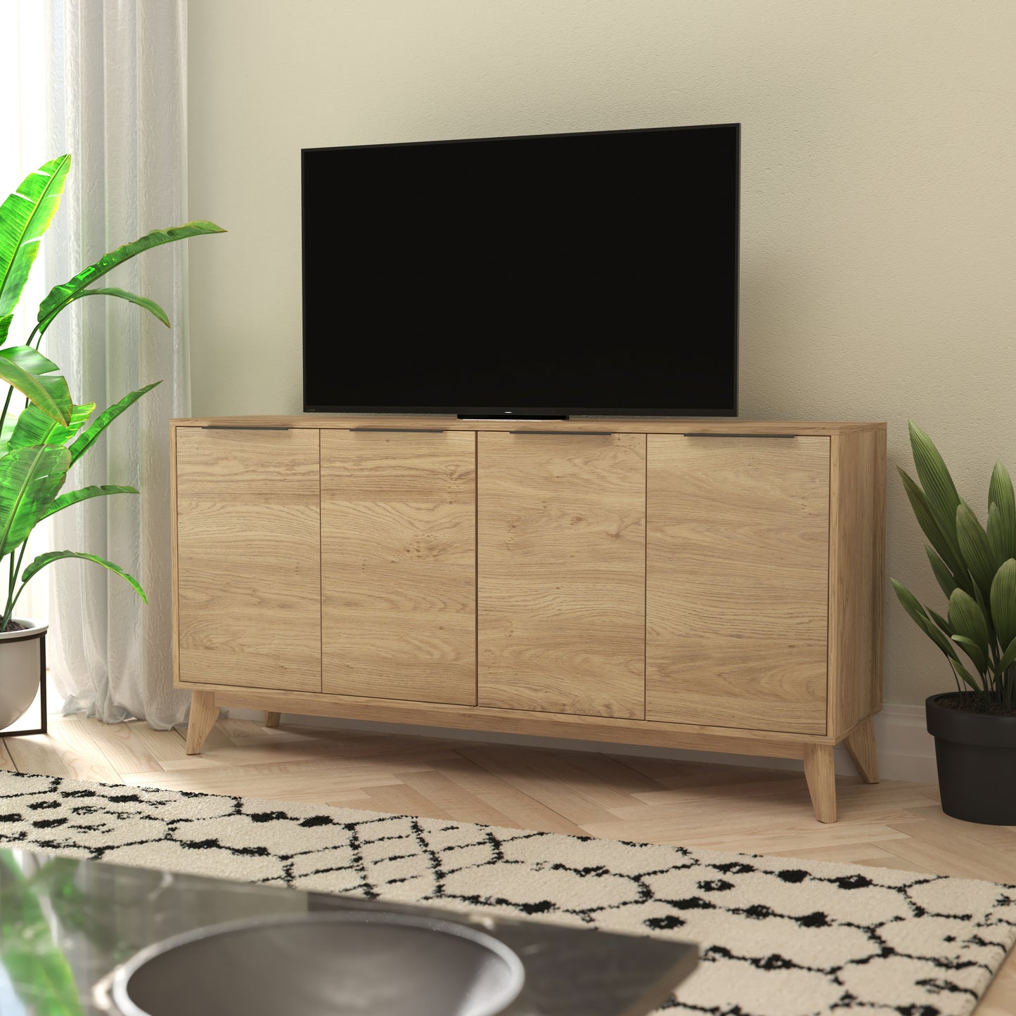 Mid-Century Modern Buffet Sideboard/TV Stand with 4 Soft-Close Doors, Adjustable Shelves, and Durable Engineered Wood Construction