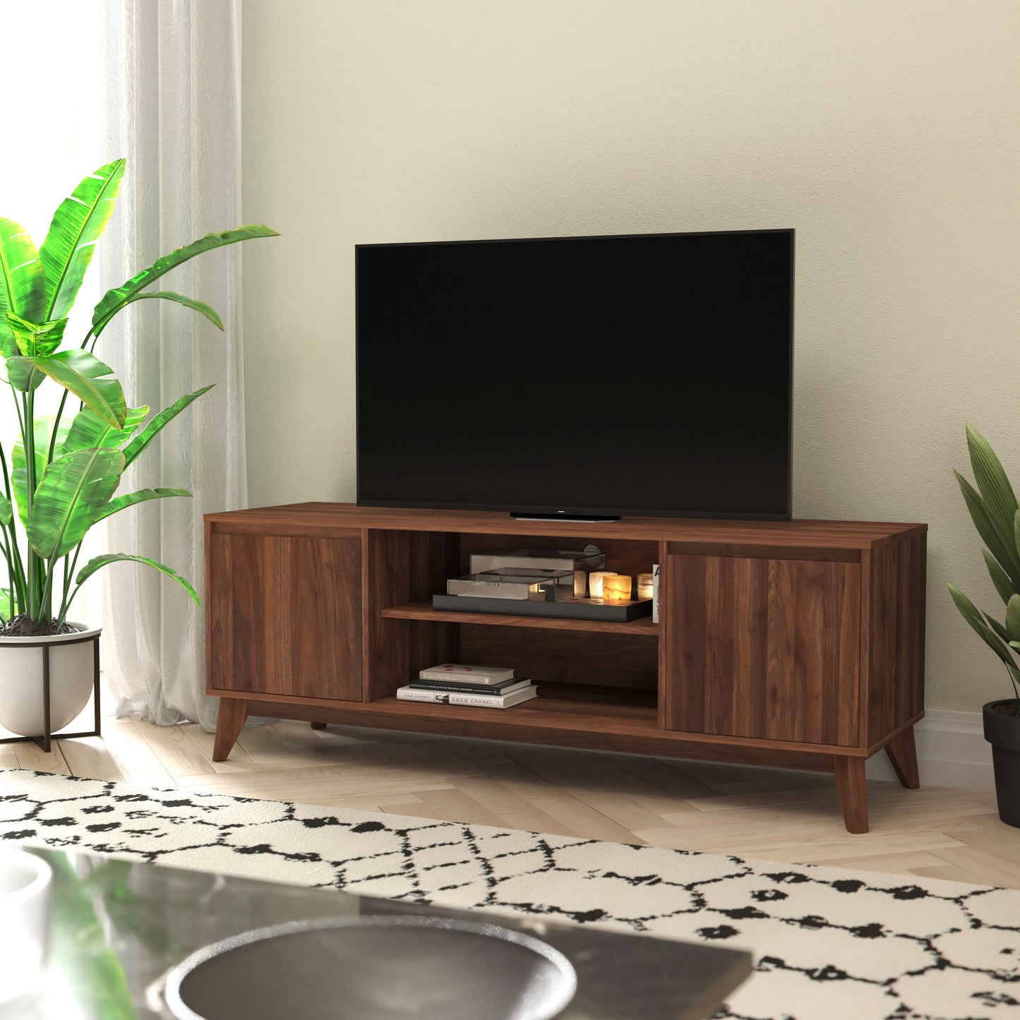 Mid-Century Modern Walnut TV Stand for up to 64" TVs – 60" Media Console with Adjustable Shelf and Soft-Close Doors