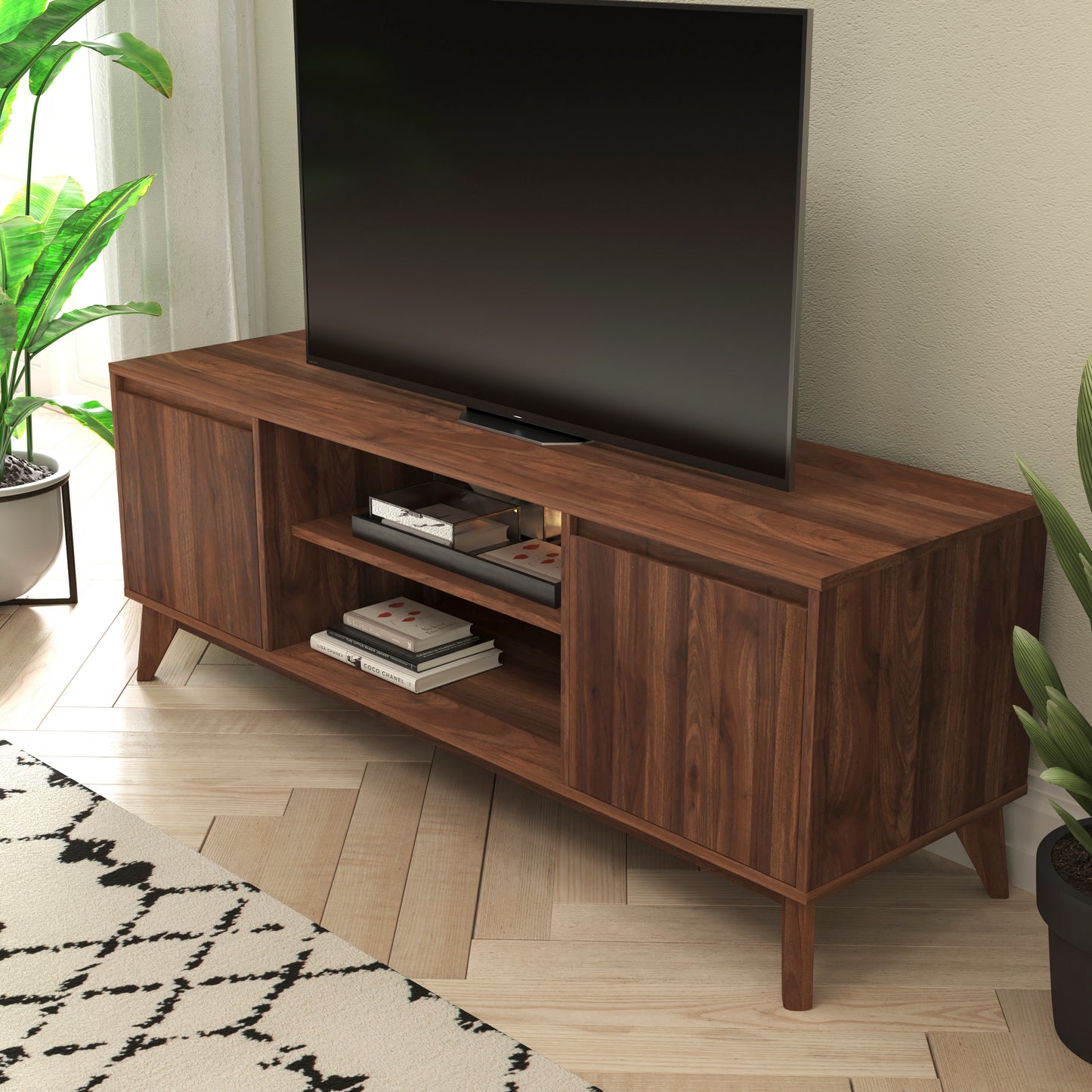 Mid-Century Modern Walnut TV Stand for up to 64" TVs – 60" Media Console with Adjustable Shelf and Soft-Close Doors