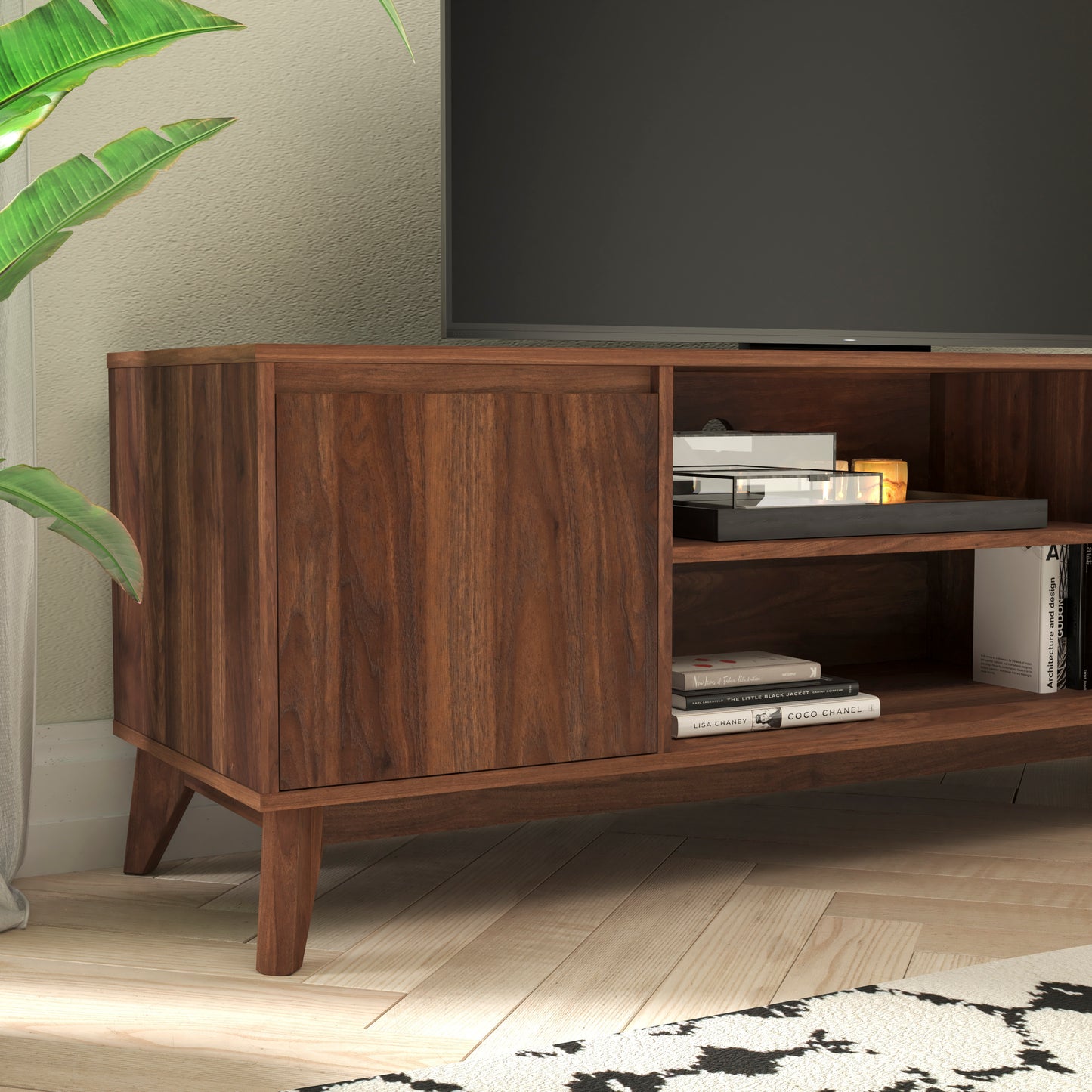 Mid-Century Modern Walnut TV Stand for up to 64" TVs – 60" Media Console with Adjustable Shelf and Soft-Close Doors