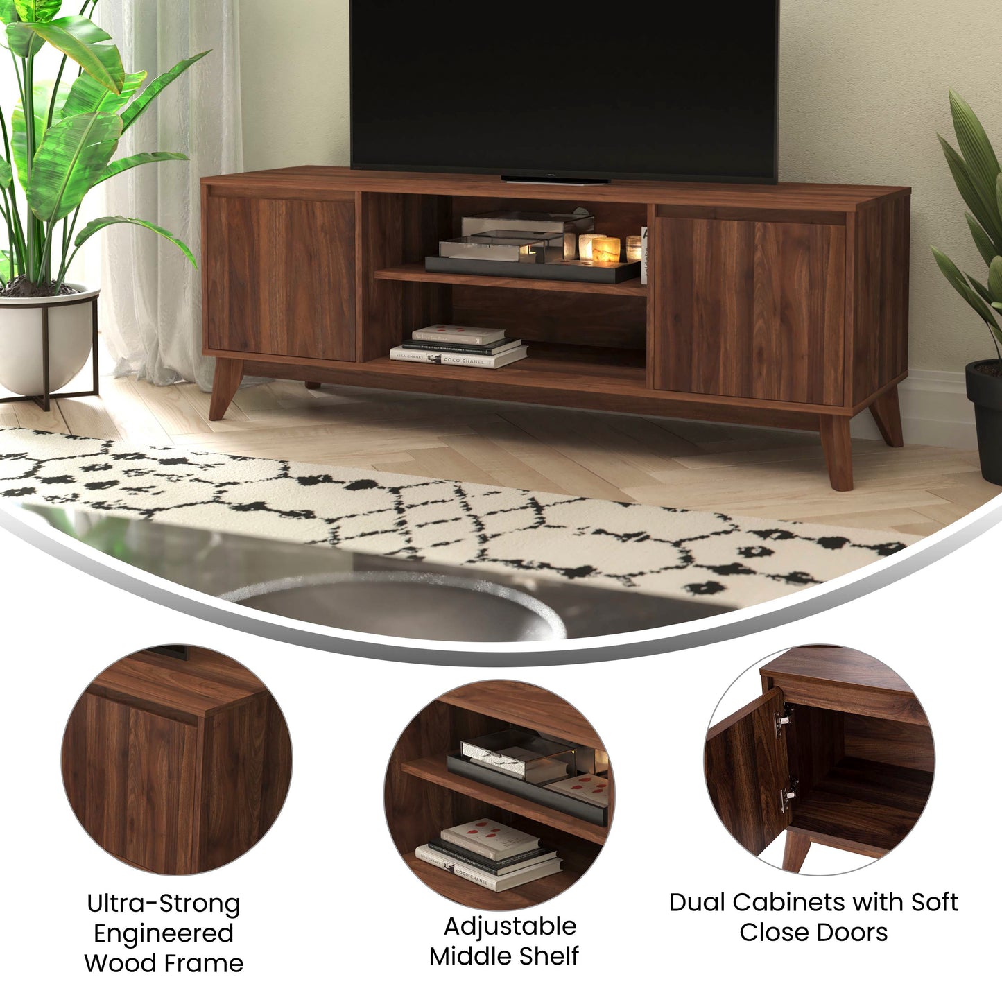 Mid-Century Modern Walnut TV Stand for up to 64" TVs – 60" Media Console with Adjustable Shelf and Soft-Close Doors