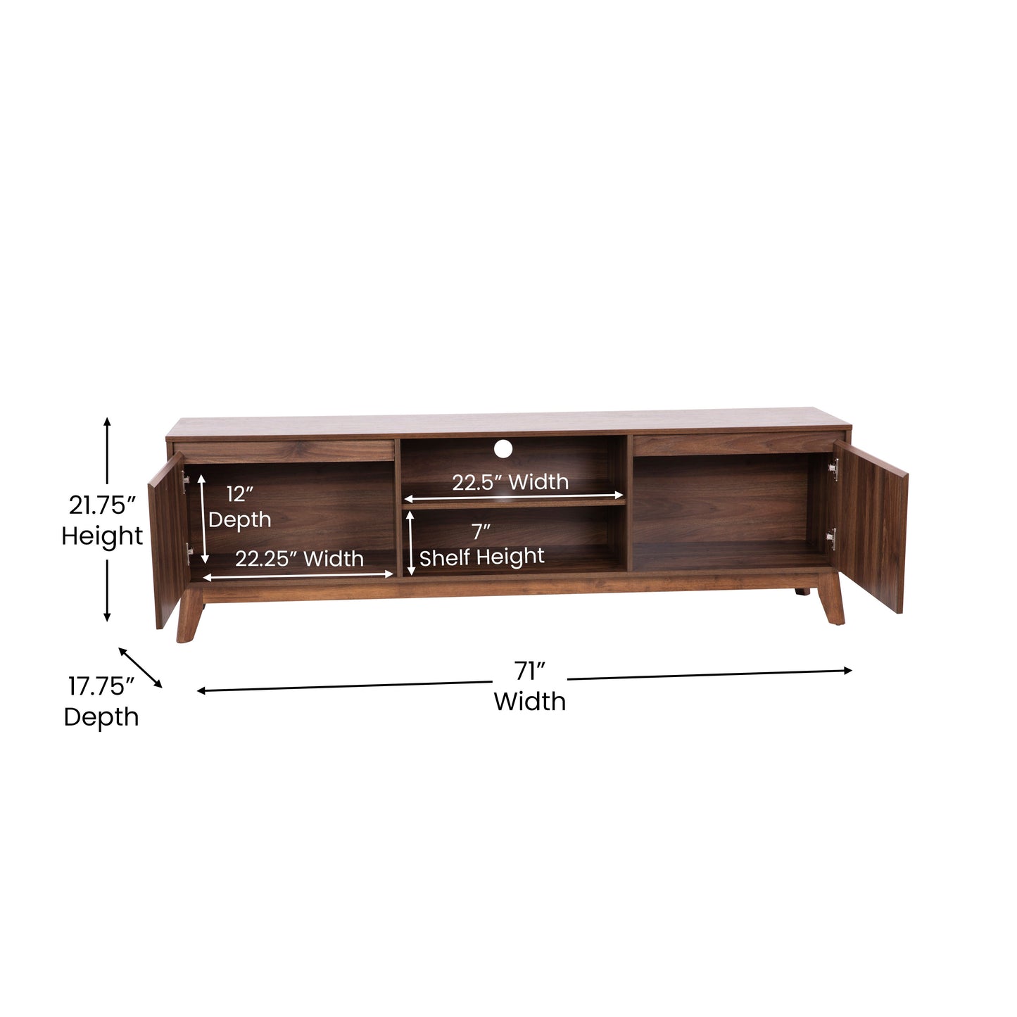 Mid-Century Modern Walnut TV Stand for up to 65+" TVs – 70" Media Console with Adjustable Shelf and Soft-Close Doors