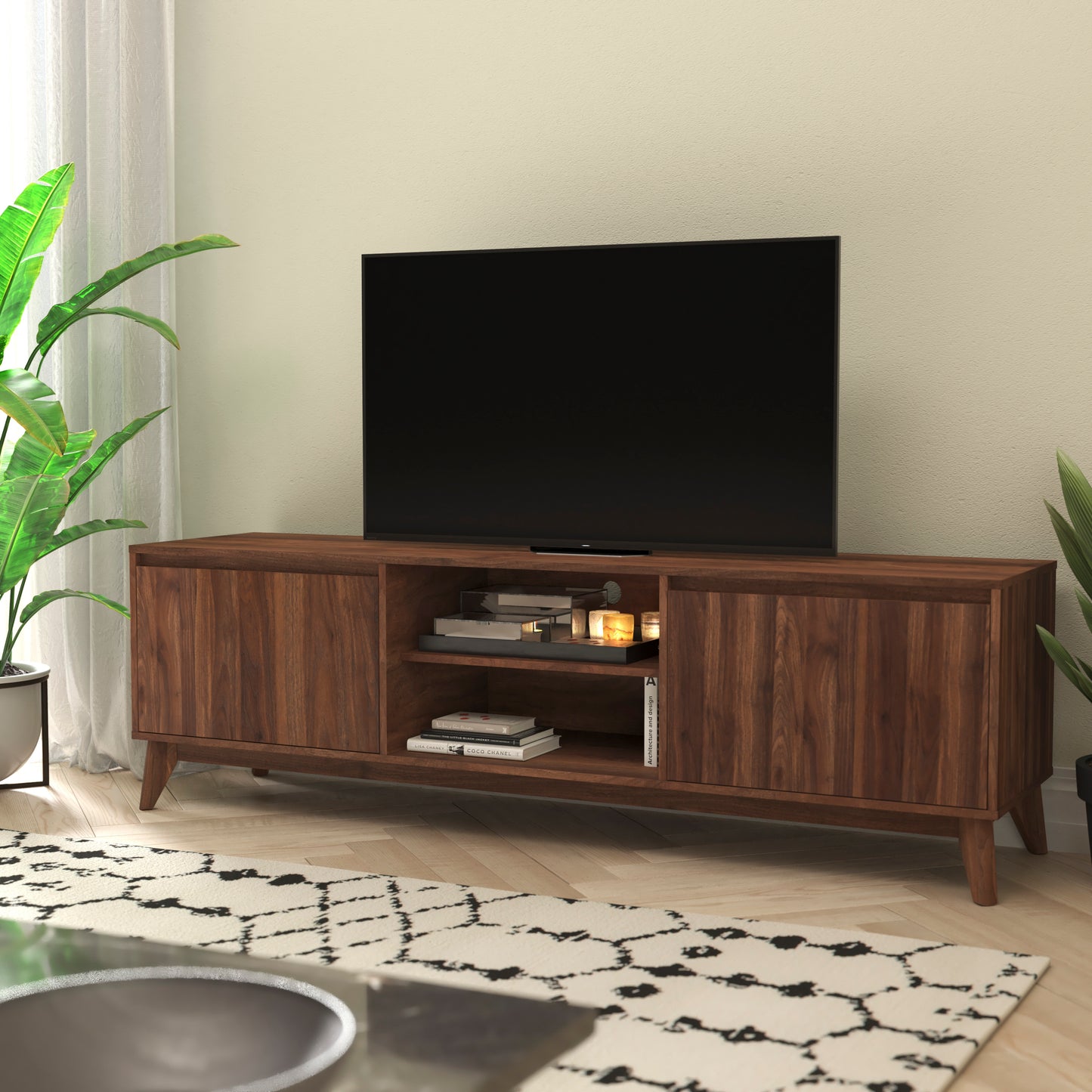 Mid-Century Modern Walnut TV Stand for up to 65+" TVs – 70" Media Console with Adjustable Shelf and Soft-Close Doors