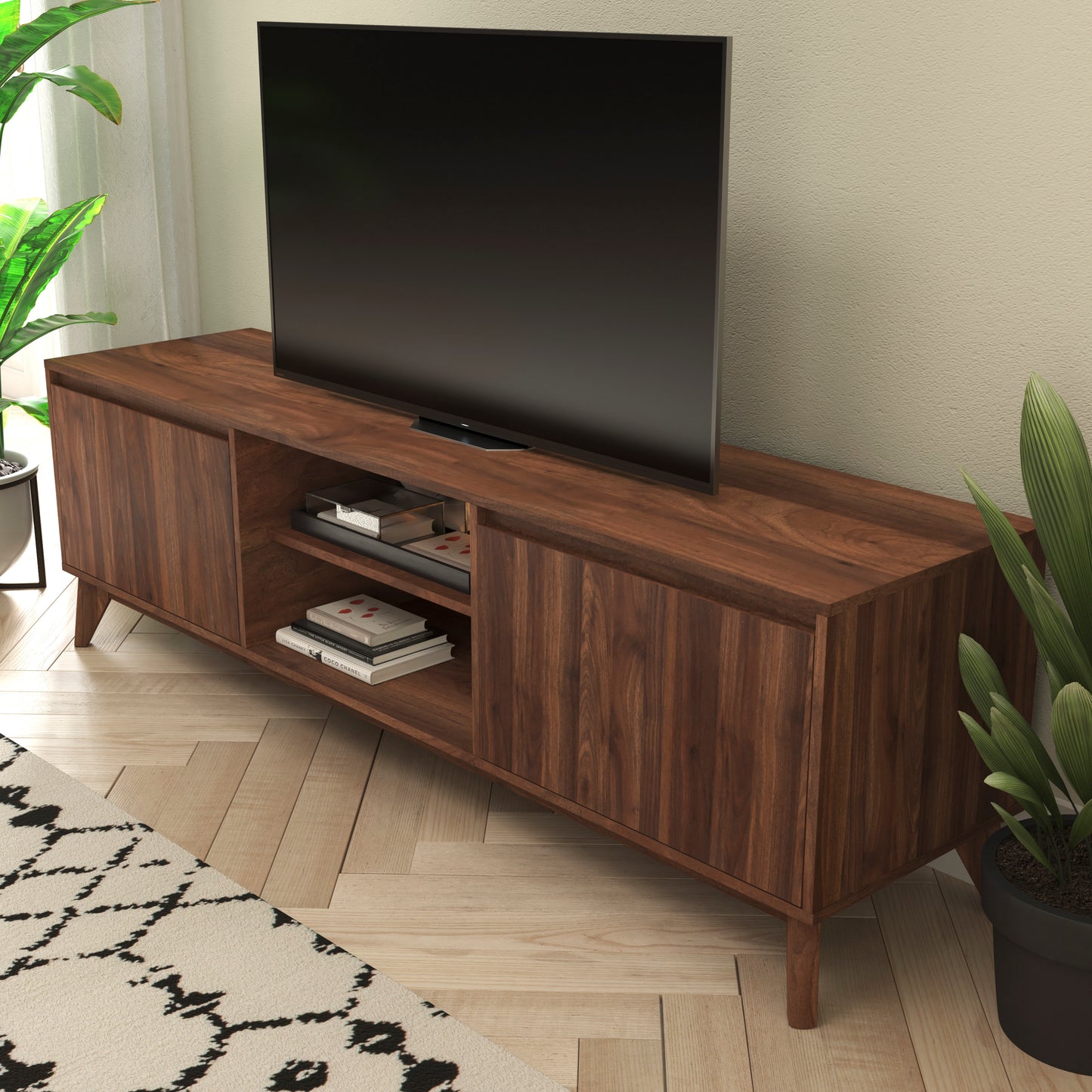 Mid-Century Modern Walnut TV Stand for up to 65+" TVs – 70" Media Console with Adjustable Shelf and Soft-Close Doors