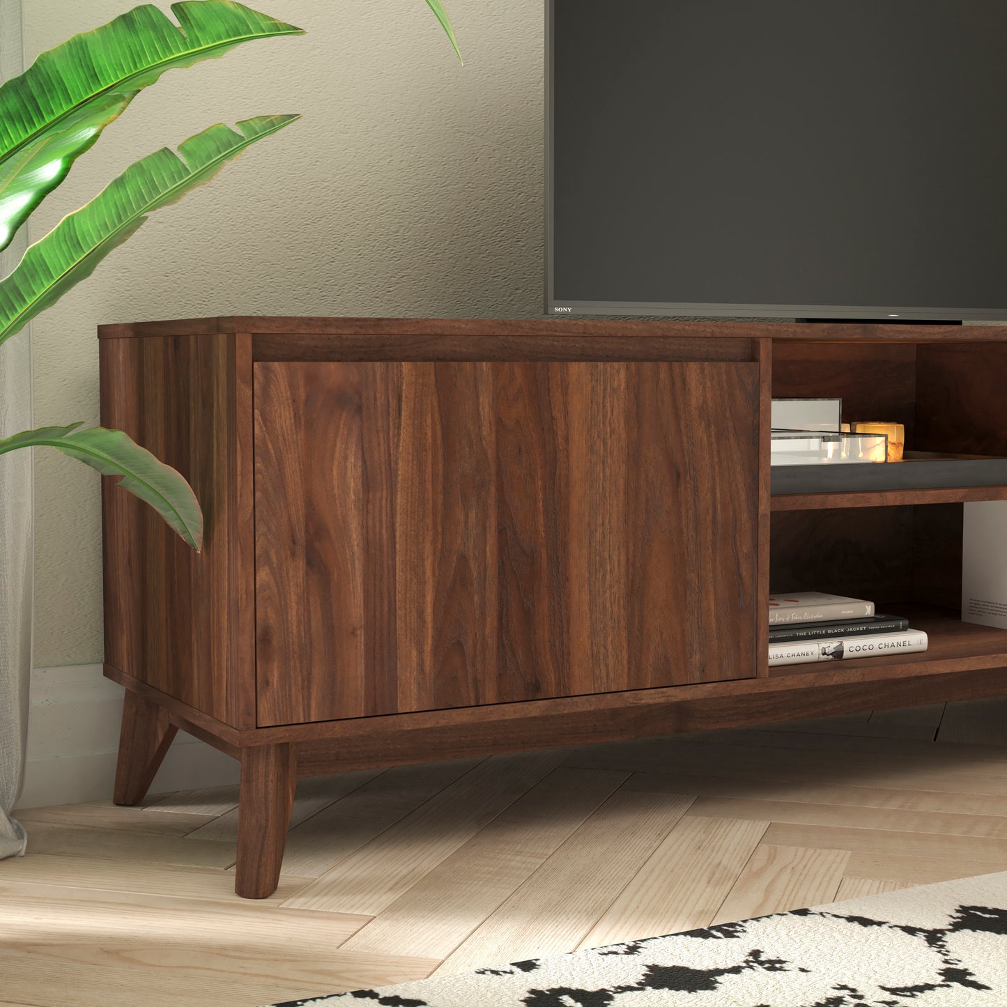 Mid-Century Modern Walnut TV Stand for up to 65+" TVs – 70" Media Console with Adjustable Shelf and Soft-Close Doors