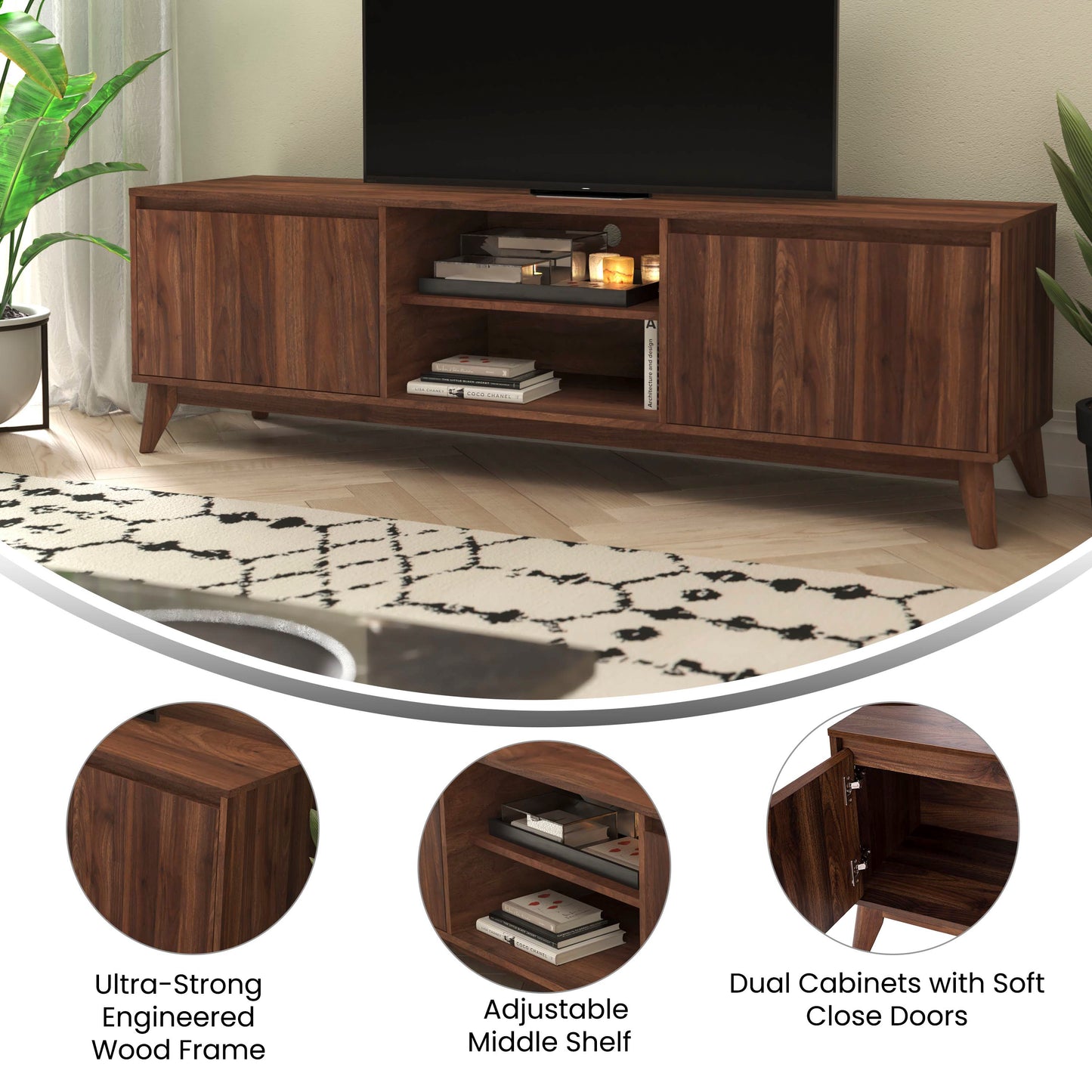 Mid-Century Modern Walnut TV Stand for up to 65+" TVs – 70" Media Console with Adjustable Shelf and Soft-Close Doors