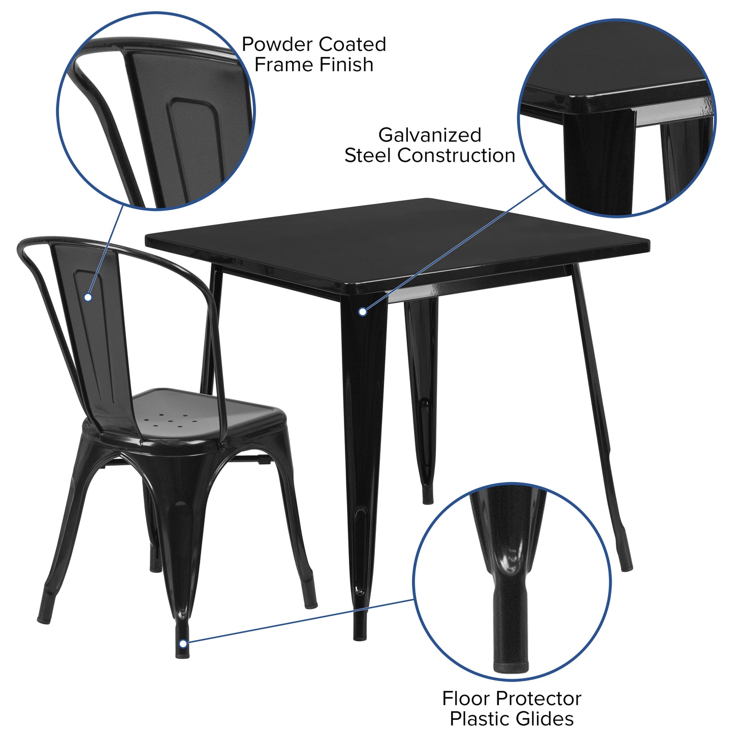 Commercial Grade 31.5" Square Metal Indoor-Outdoor Table Set with 4 Stack Chairs