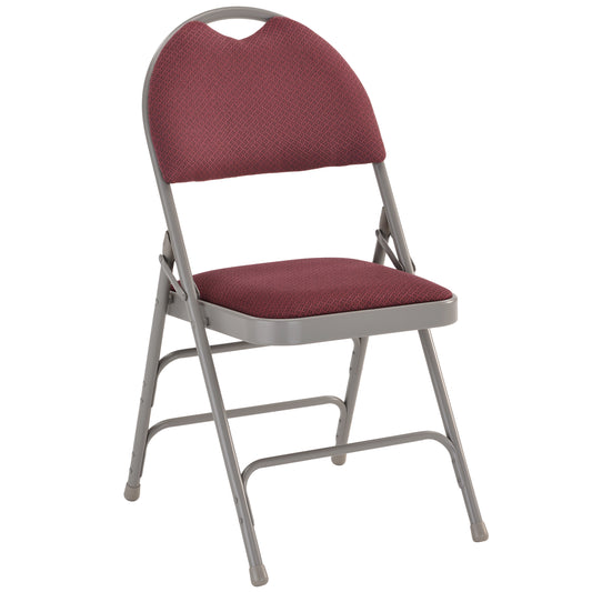 Triple Braced Burgundy Fabric Metal Folding Chair with Easy-Carry Handle