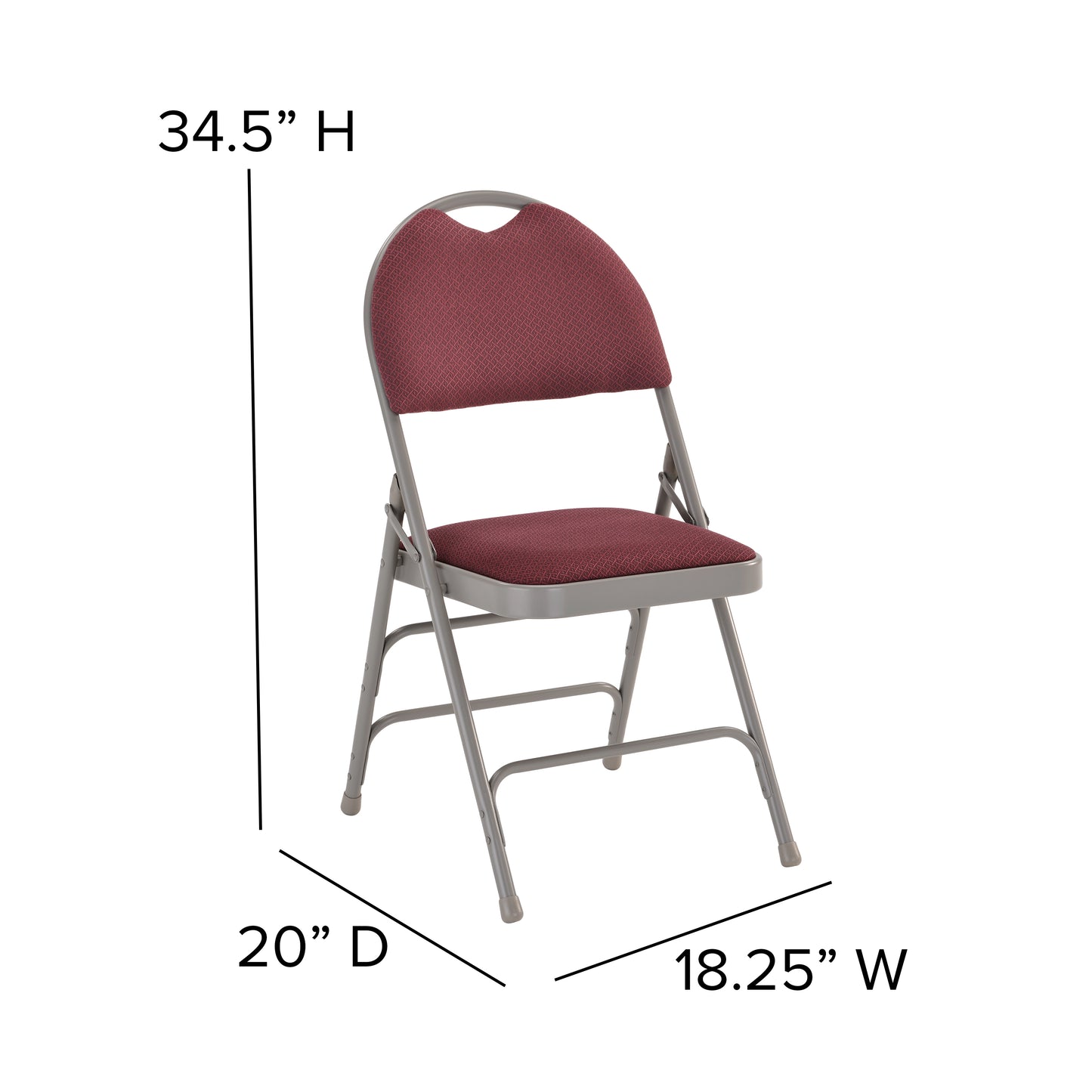 Triple Braced Burgundy Fabric Metal Folding Chair with Easy-Carry Handle