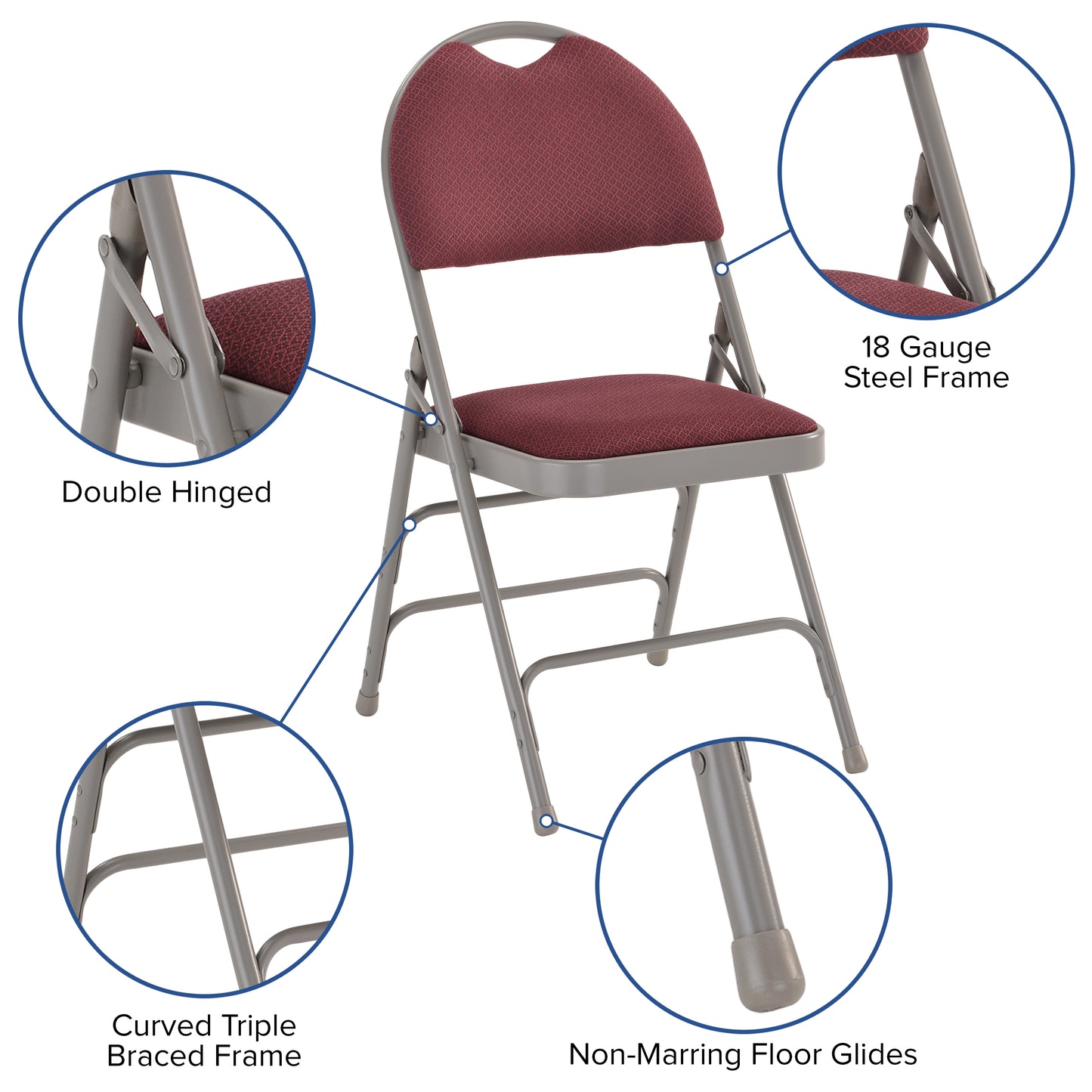 Triple Braced Burgundy Fabric Metal Folding Chair with Easy-Carry Handle