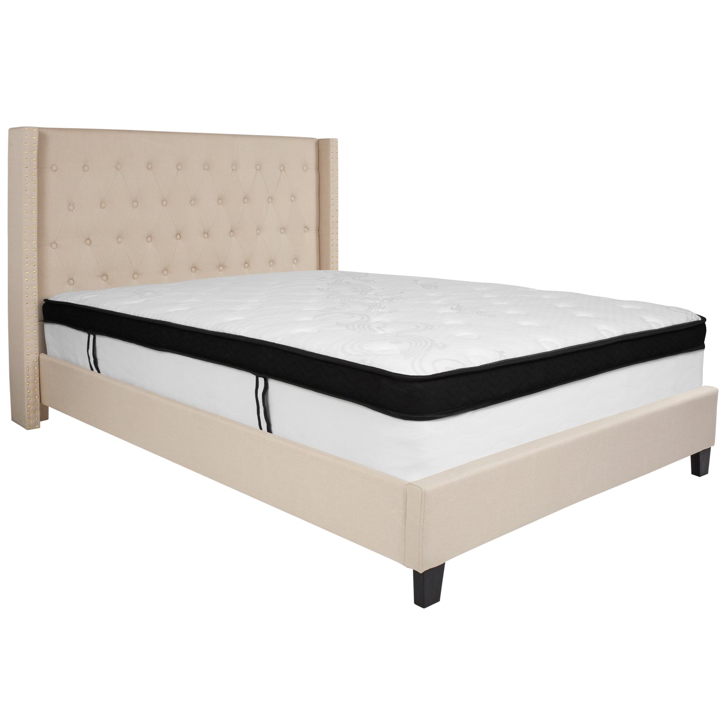 Queen Tufted Upholstered Platform Bed with Nailhead Trim & Memory Foam Pocket Spring Mattress