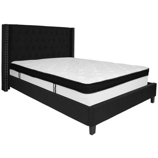 Queen Tufted Upholstered Platform Bed with Nailhead Trim & Memory Foam Pocket Spring Mattress