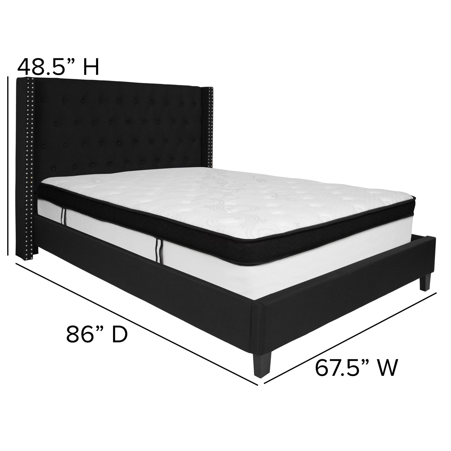 Queen Tufted Upholstered Platform Bed with Nailhead Trim & Memory Foam Pocket Spring Mattress