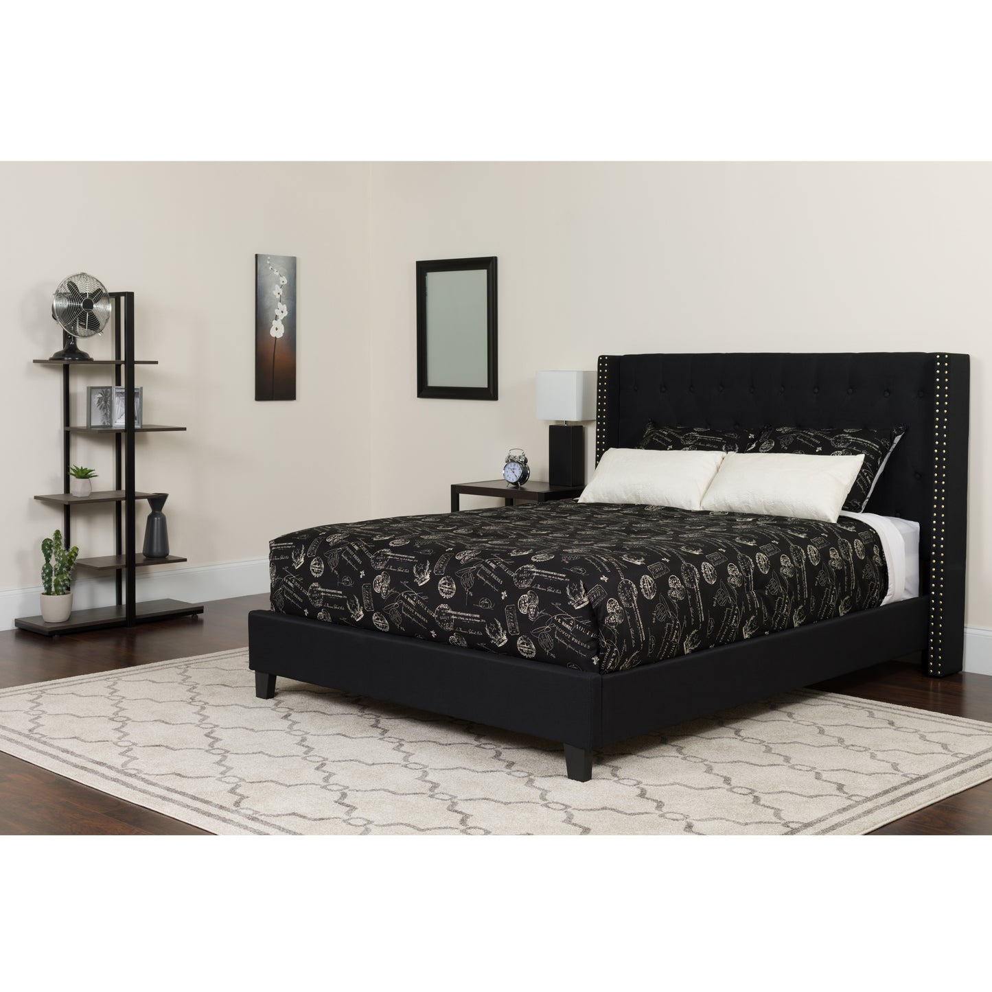 Queen Tufted Upholstered Platform Bed with Nailhead Trim & Memory Foam Pocket Spring Mattress