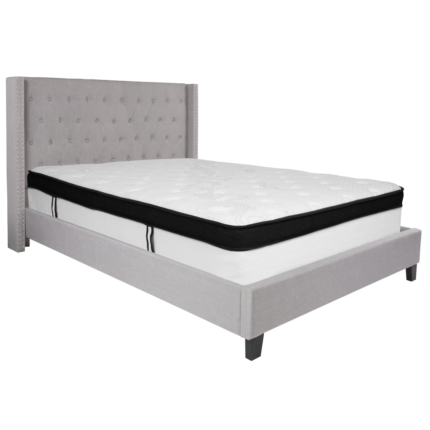 Queen Tufted Upholstered Platform Bed with Nailhead Trim & Memory Foam Pocket Spring Mattress