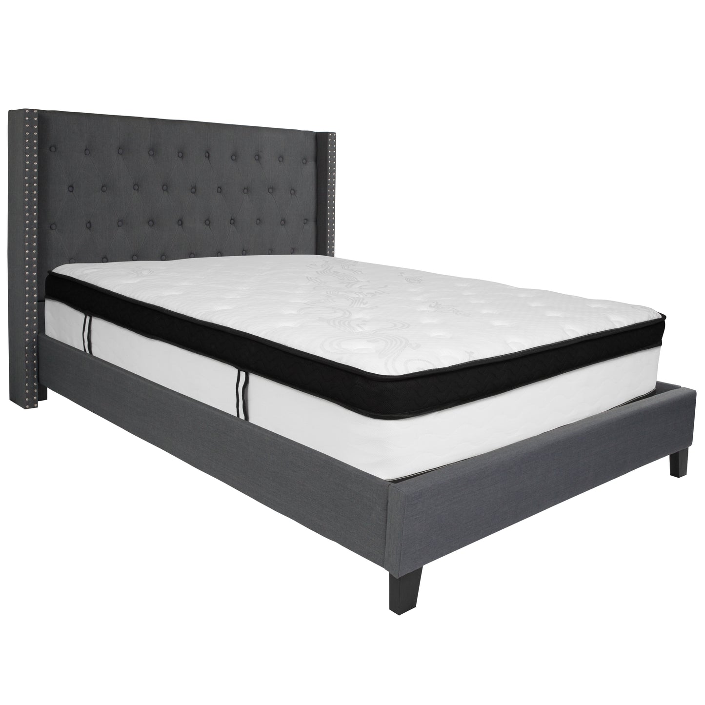 Queen Tufted Upholstered Platform Bed with Nailhead Trim & Memory Foam Pocket Spring Mattress