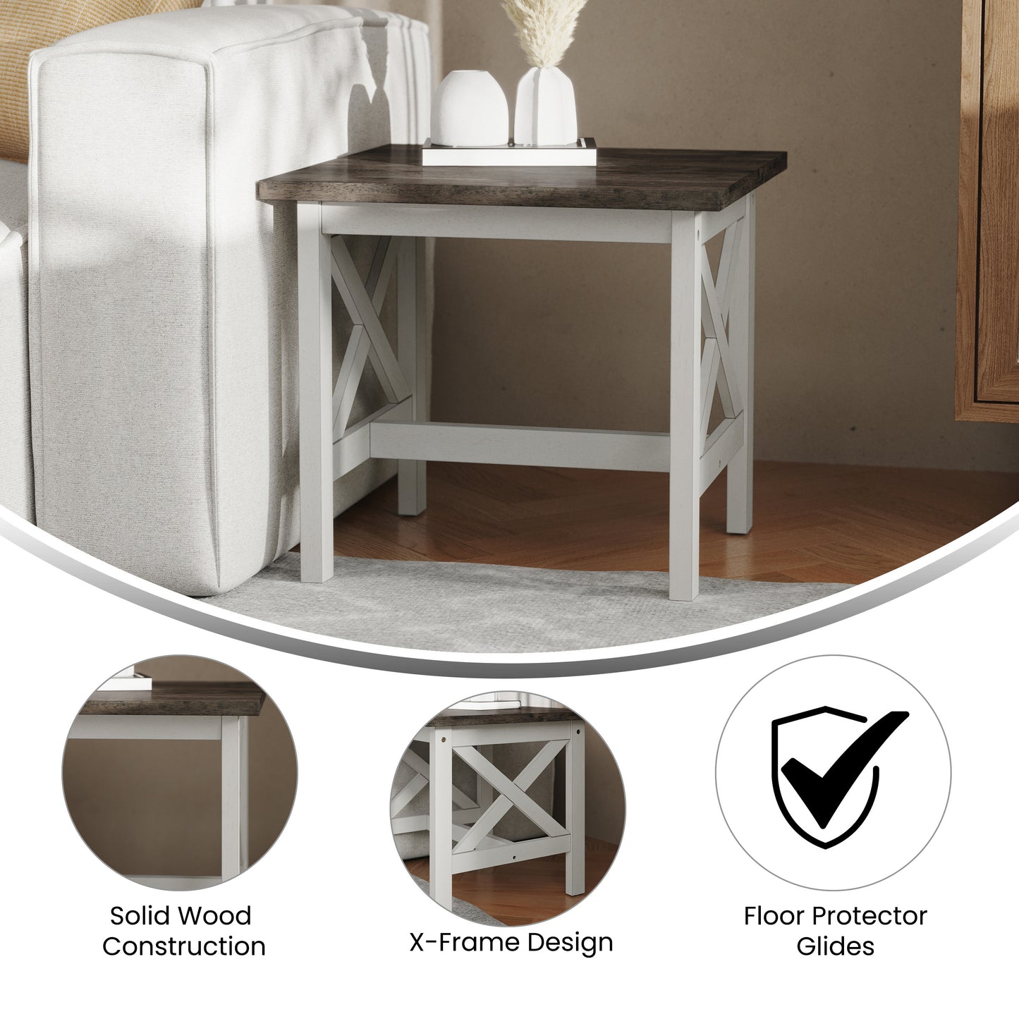 Rustic Farmhouse X-Frame Solid Wood End Table with Lower Storage Shelf