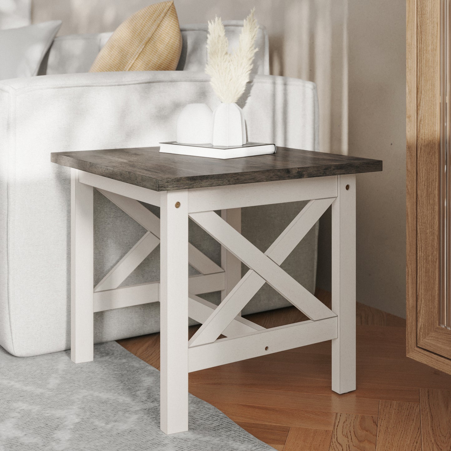 Rustic Farmhouse X-Frame Solid Wood End Table with Lower Storage Shelf