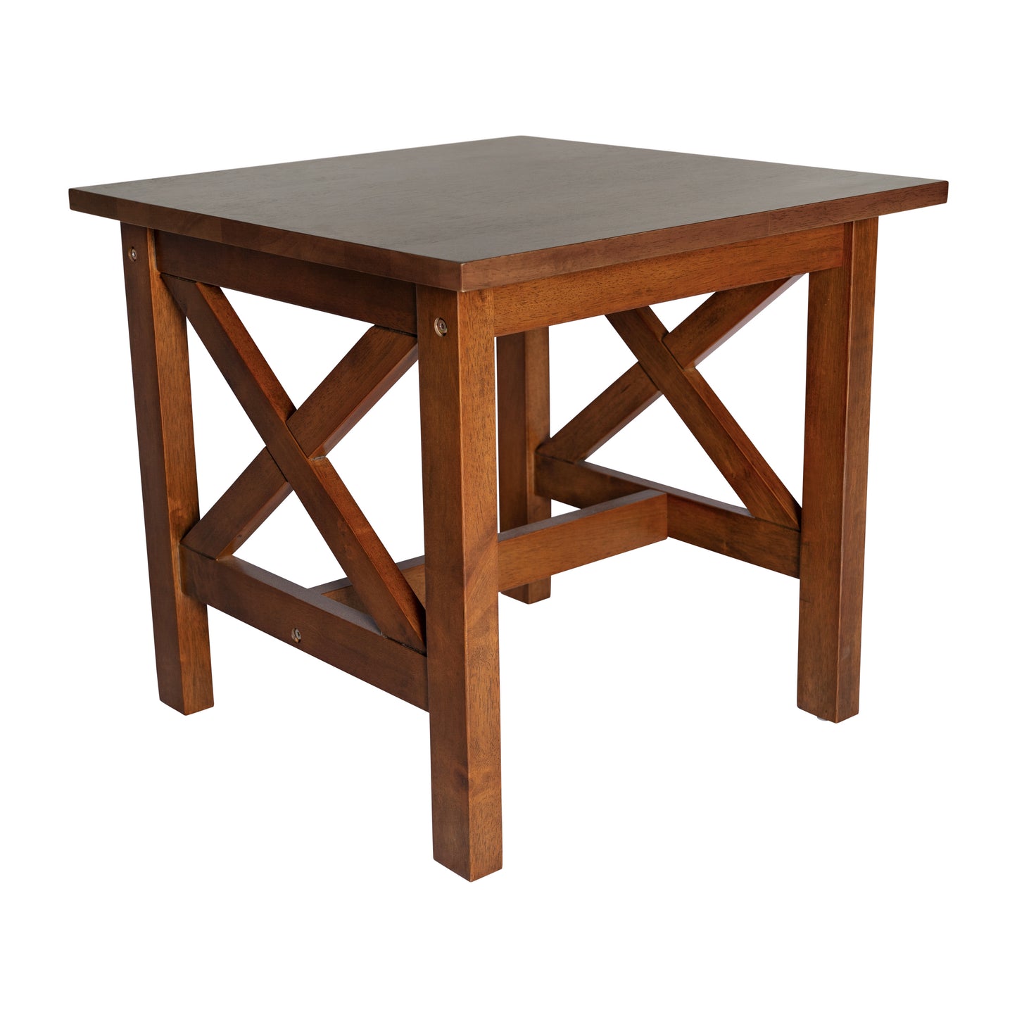 Rustic Farmhouse X-Frame Solid Wood End Table with Lower Storage Shelf