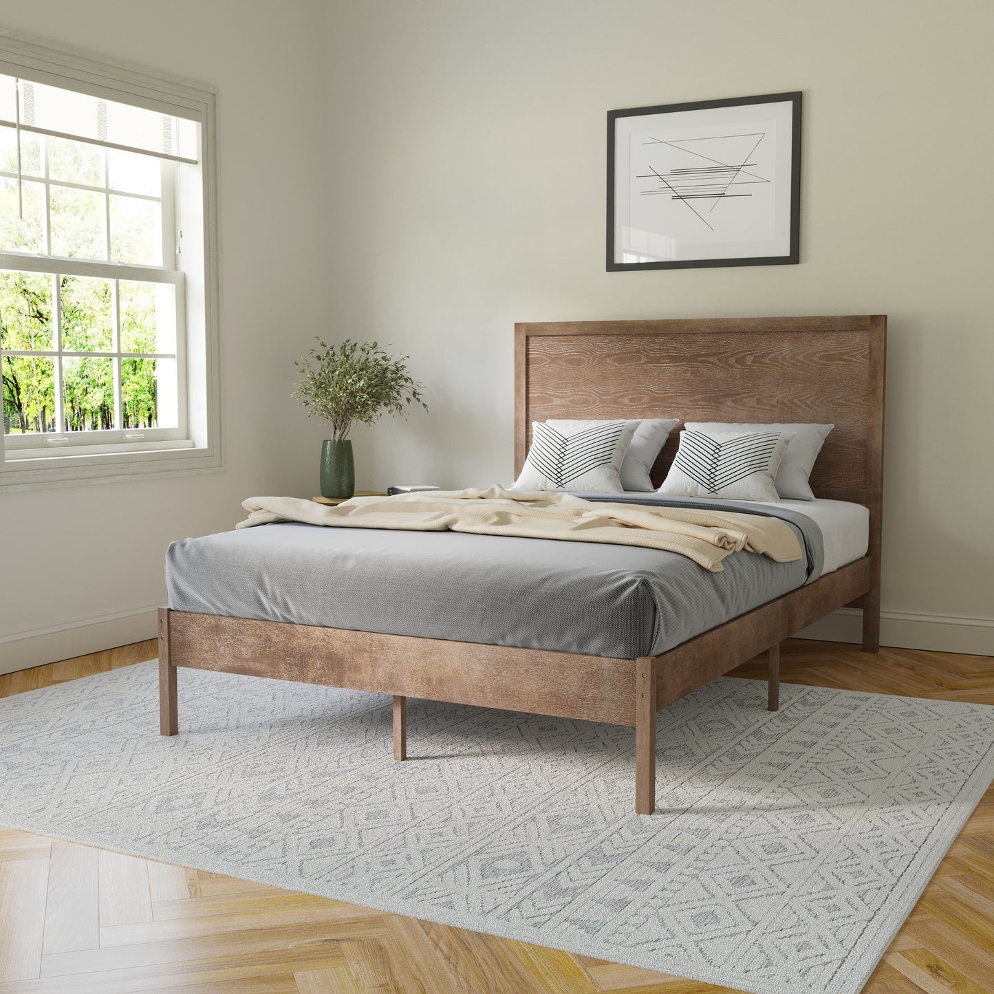 Full Size Solid Wood Platform Bed with Headboard & Wooden Slats - No Box Spring Required