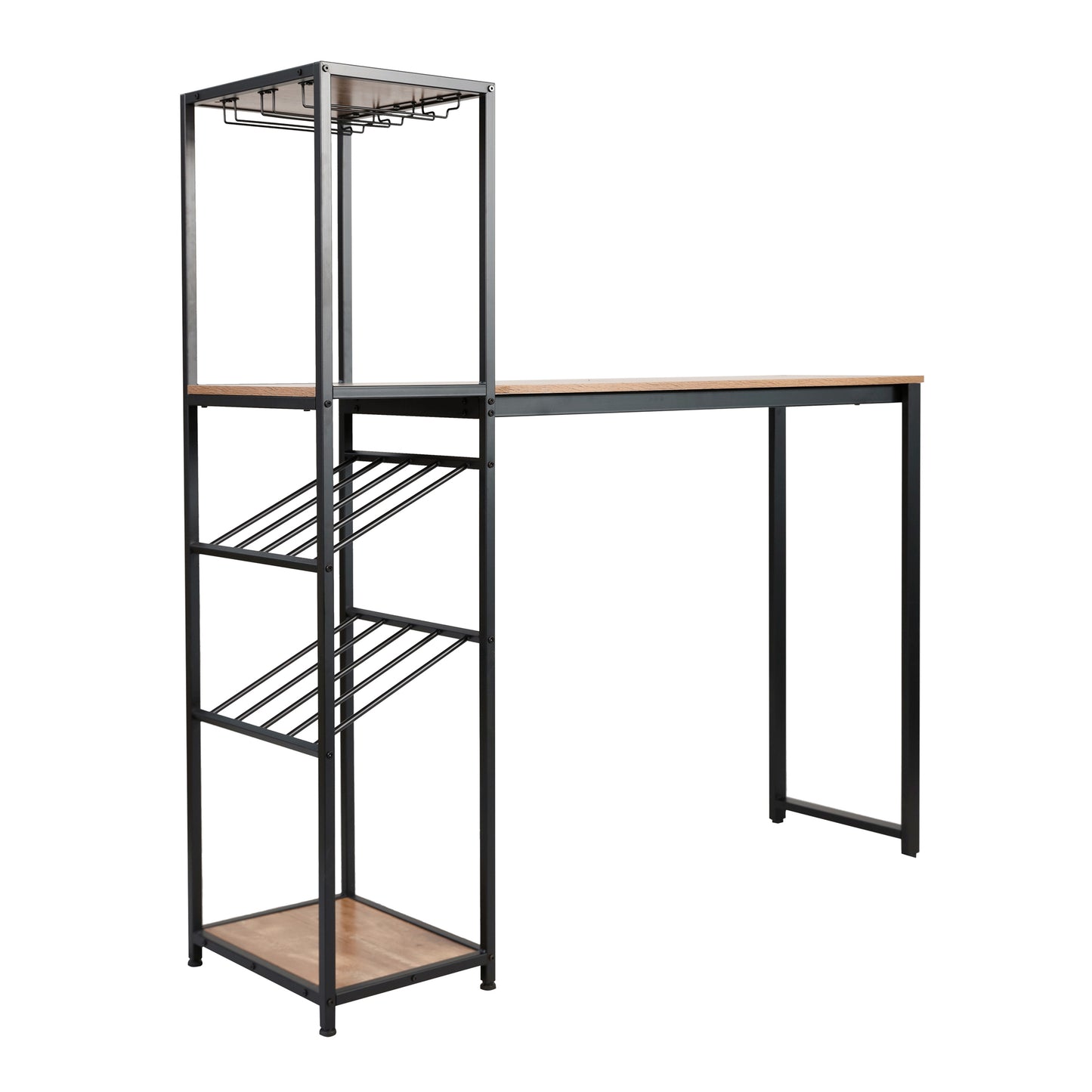 Metal Bar and Wine Table with Slanted Bottle Storage Shelves and Hanging Glass Rack