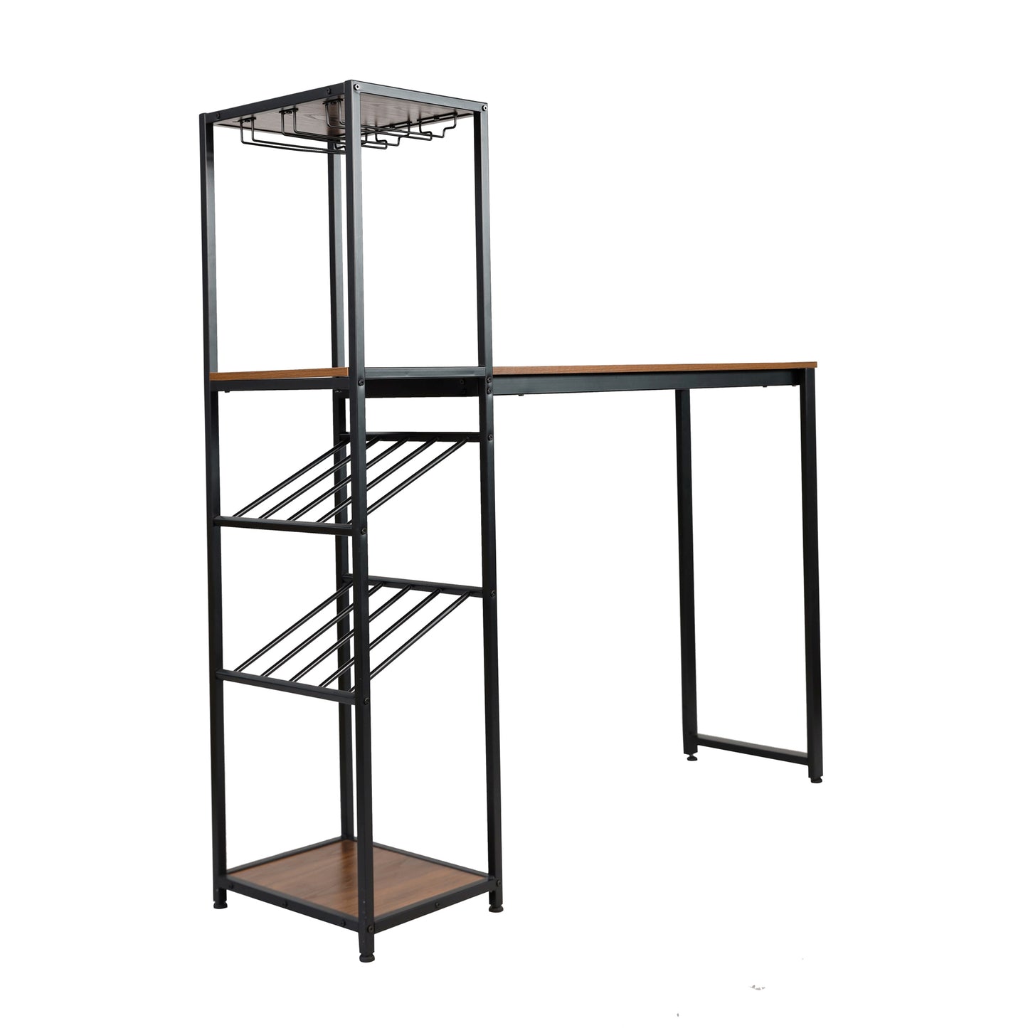 Metal Bar and Wine Table with Slanted Bottle Storage Shelves and Hanging Glass Rack