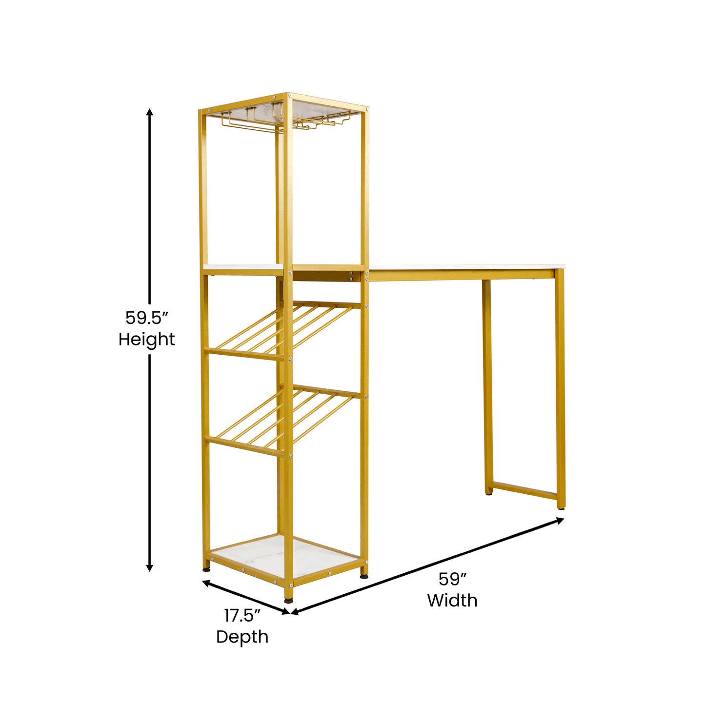 Metal Bar and Wine Table with Slanted Bottle Storage Shelves and Hanging Glass Rack