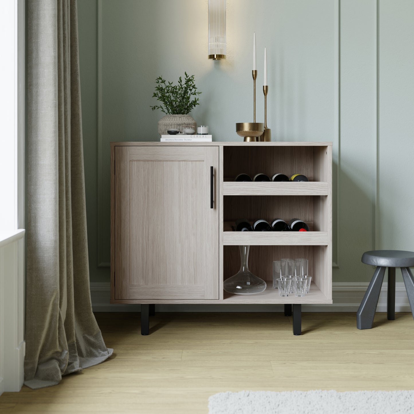 Classic Shaker Style Bar & Sideboard with Single Door Cabinet, Hanging Glass Storage, and Open Bottle Shelves