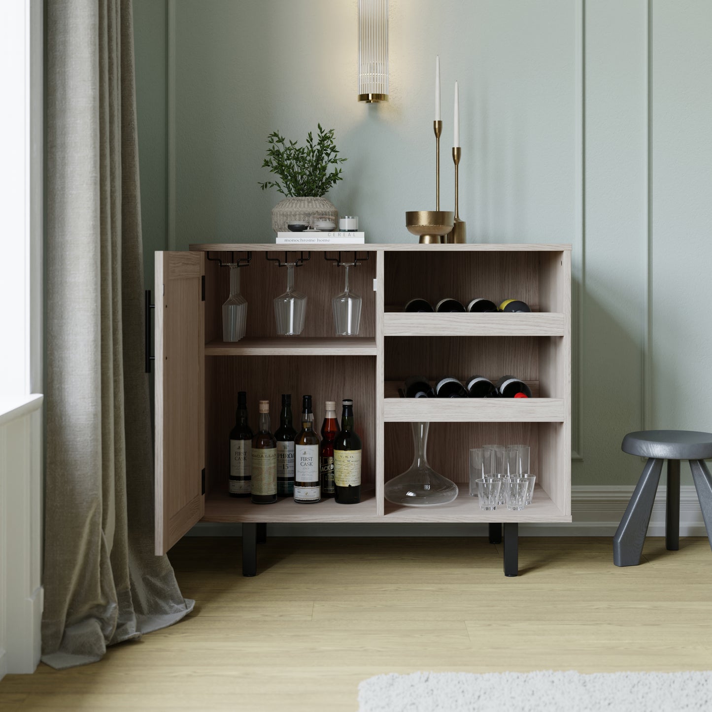 Classic Shaker Style Bar & Sideboard with Single Door Cabinet, Hanging Glass Storage, and Open Bottle Shelves