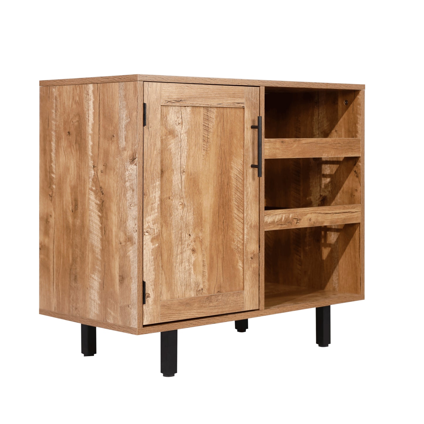 Classic Shaker Style Bar & Sideboard with Single Door Cabinet, Hanging Glass Storage, and Open Bottle Shelves