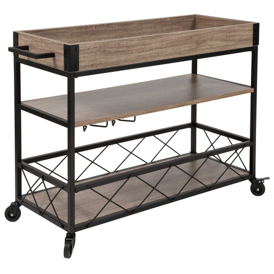 Mobile Bar Cart with Stemware Rack and Distressed Oak Finish