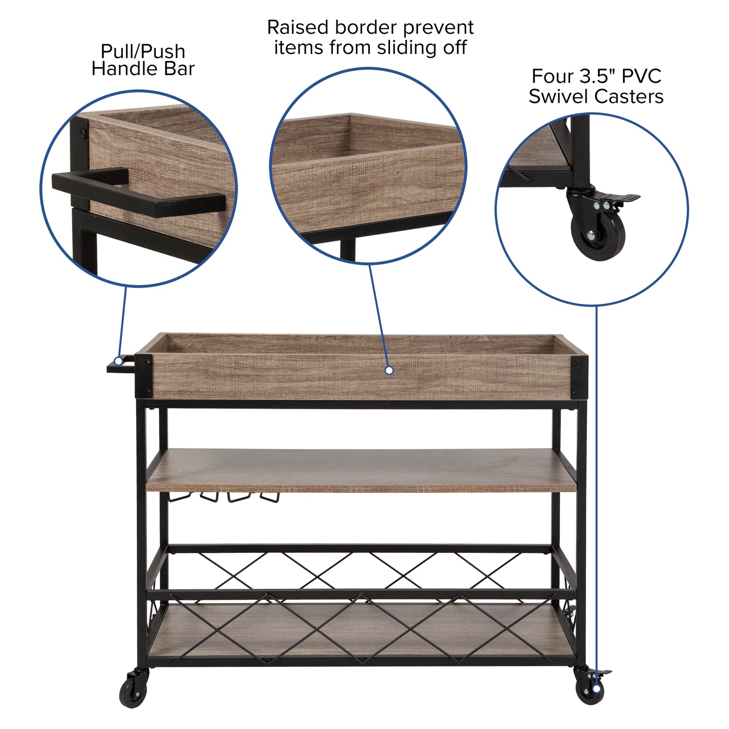 Mobile Bar Cart with Stemware Rack and Distressed Oak Finish