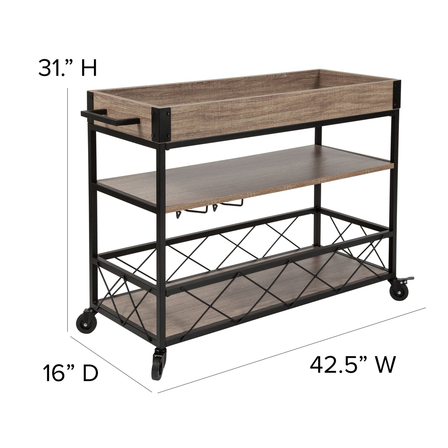 Mobile Bar Cart with Stemware Rack and Distressed Oak Finish