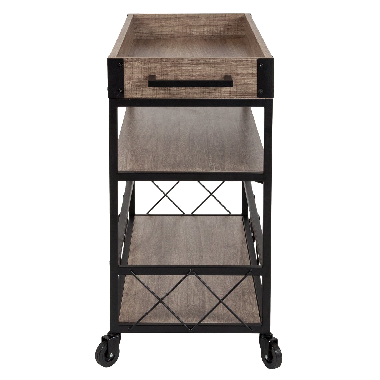 Mobile Bar Cart with Stemware Rack and Distressed Oak Finish