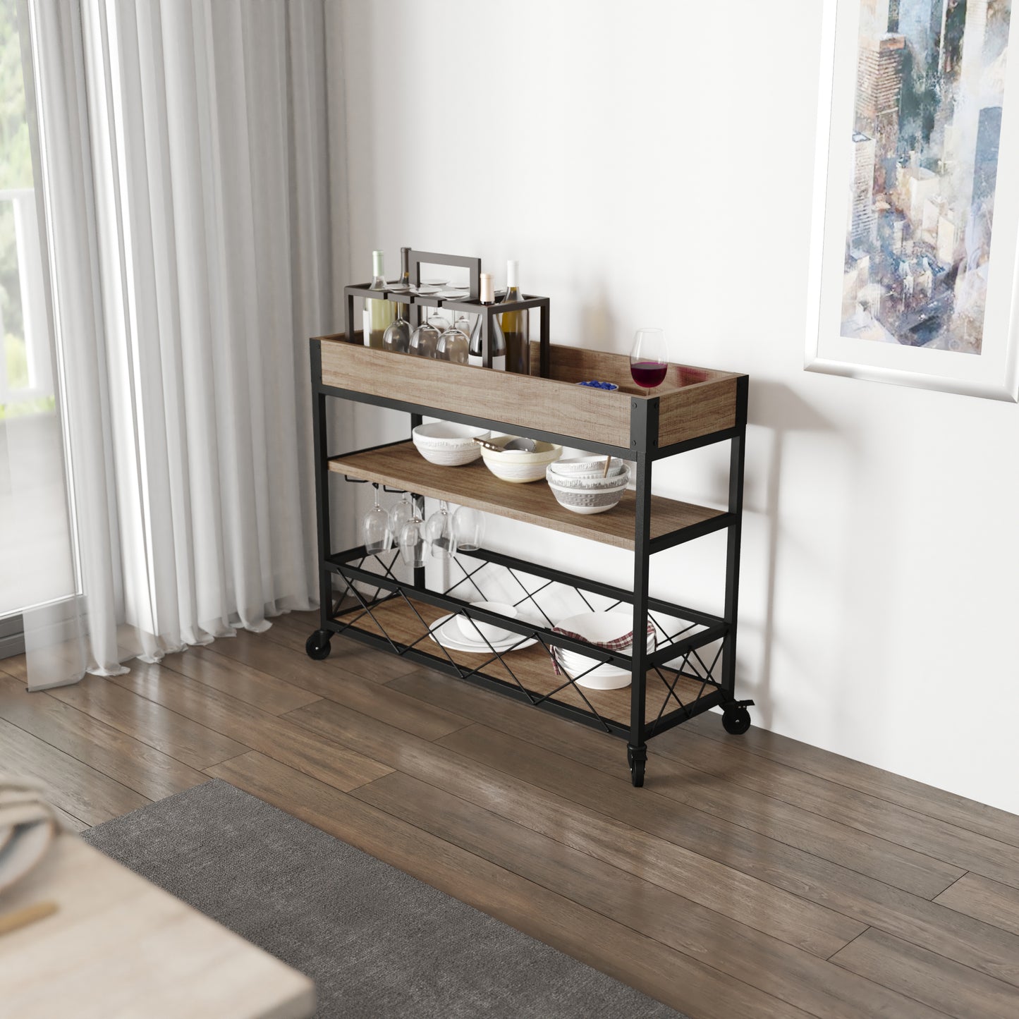 Mobile Bar Cart with Stemware Rack and Distressed Oak Finish