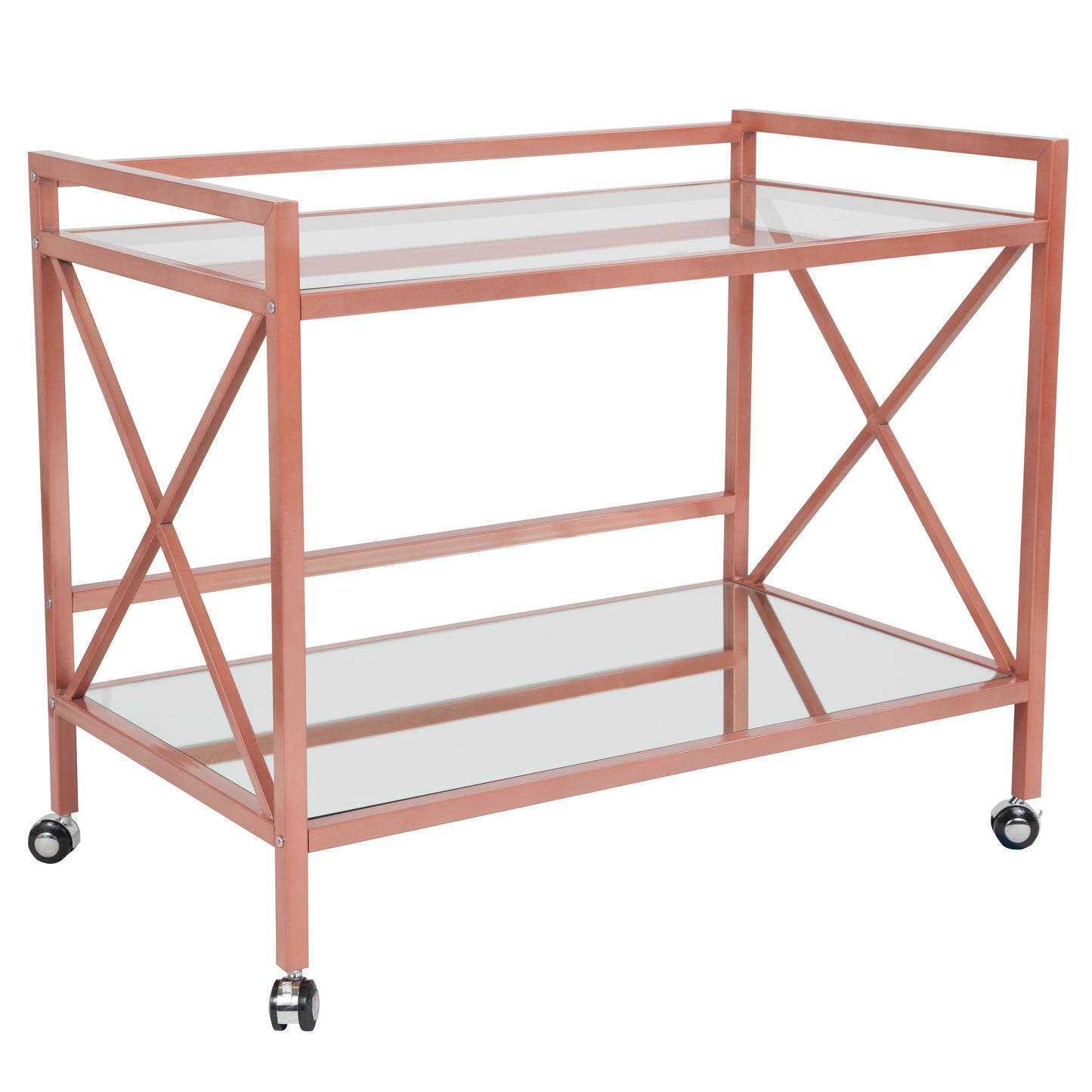 Rose Gold Mobile Bar Cart with Mirrored Glass Shelves and Cross Brace Frame