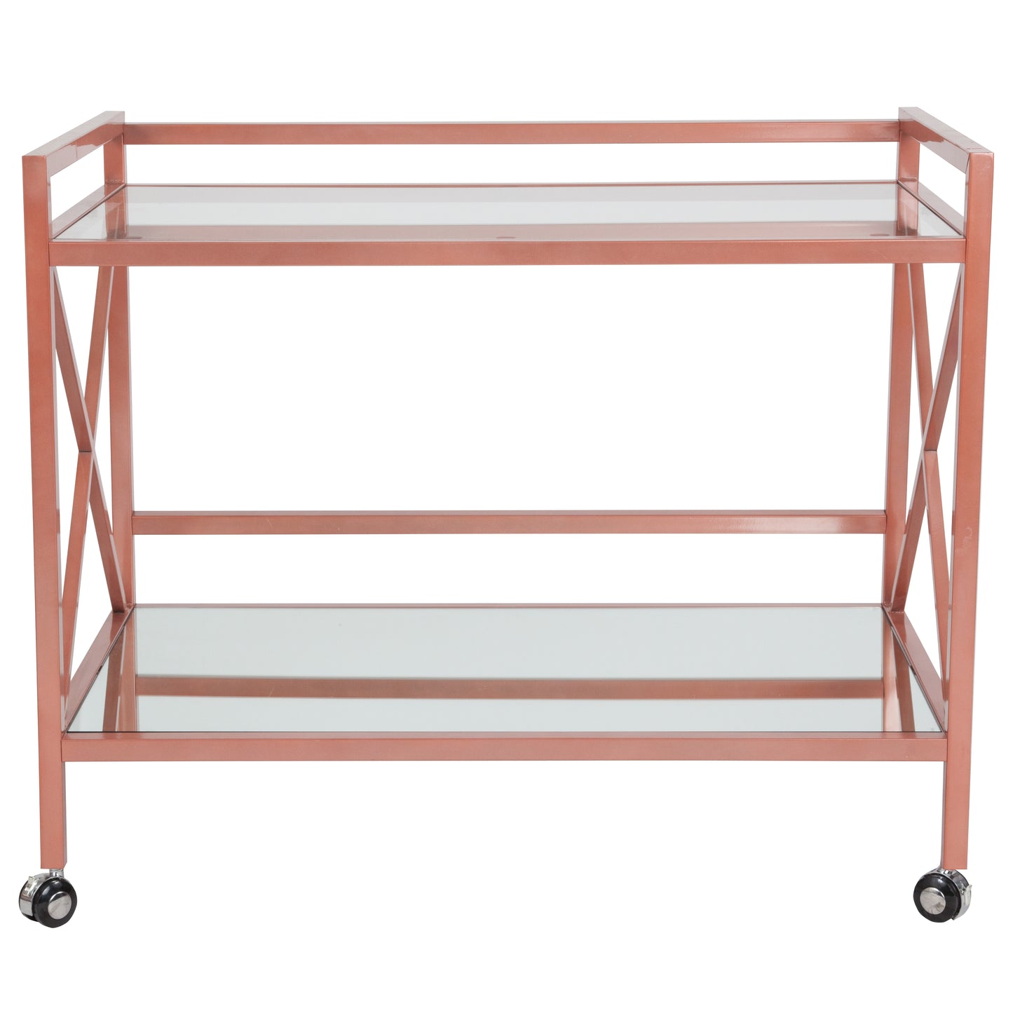 Rose Gold Mobile Bar Cart with Mirrored Glass Shelves and Cross Brace Frame