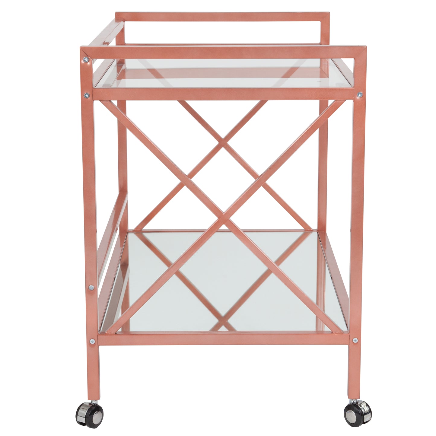 Rose Gold Mobile Bar Cart with Mirrored Glass Shelves and Cross Brace Frame